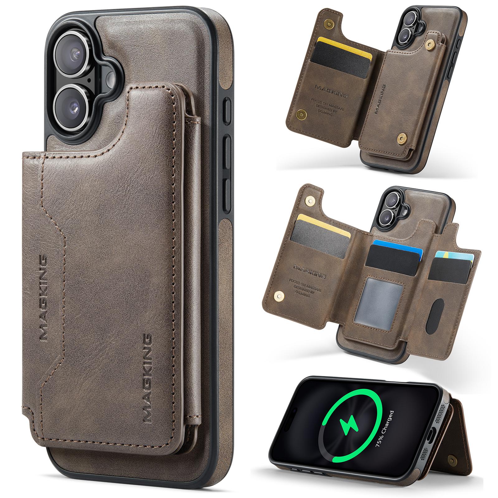 For iPhone 16 Plus MAGKING K3 Series MagSafe RFID Card Bag Detachable Phone Case(Coffee) - Shopkiz.com