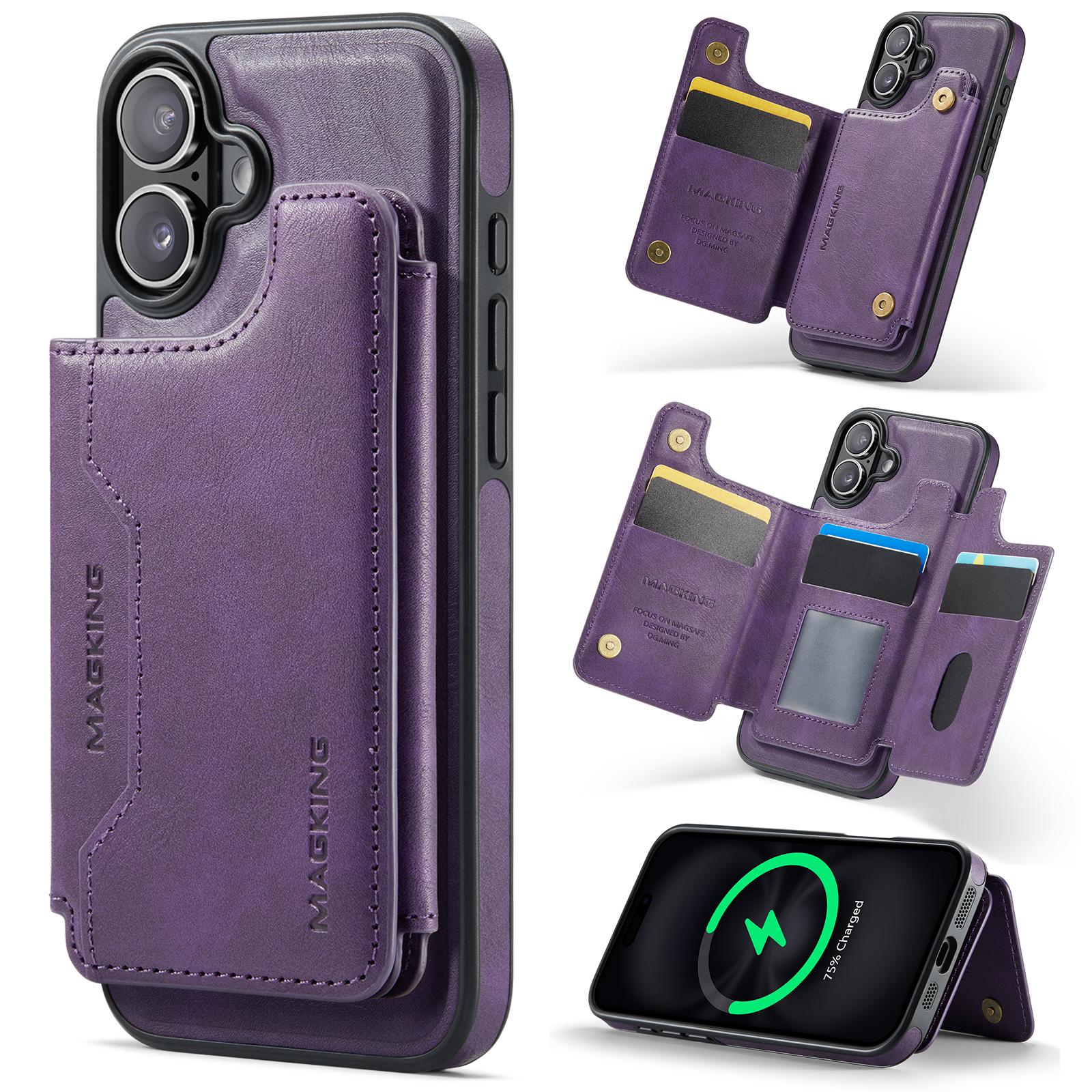 For iPhone 16 Plus MAGKING K3 Series MagSafe RFID Card Bag Detachable Phone Case(Purple) - Shopkiz.com