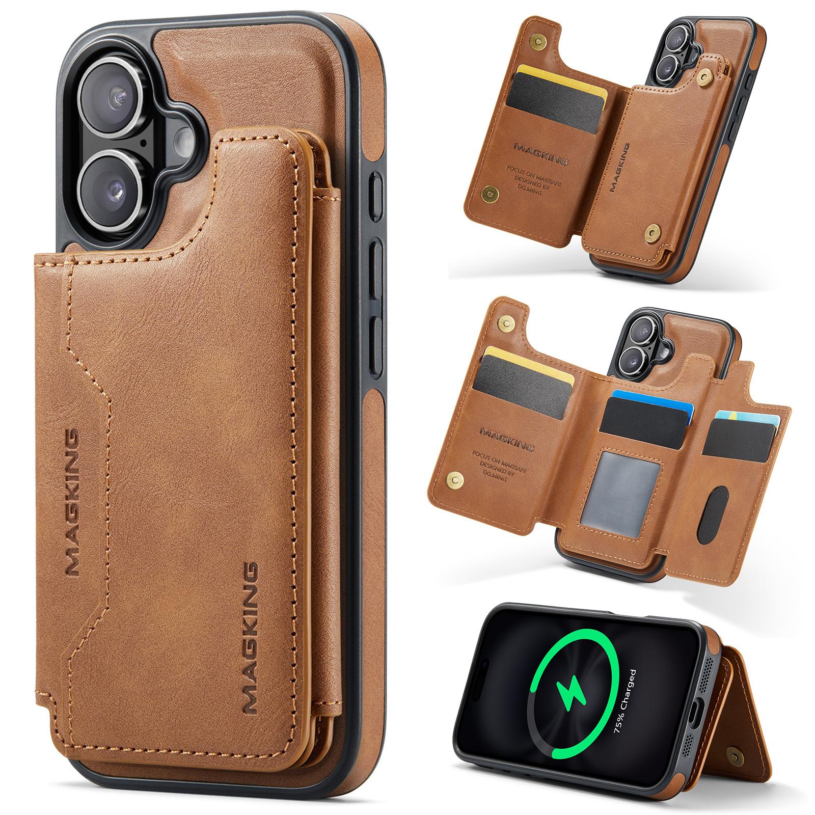 For iPhone 16 MAGKING K3 Series MagSafe RFID Card Bag Detachable Phone Case(Brown) - Shopkiz.com
