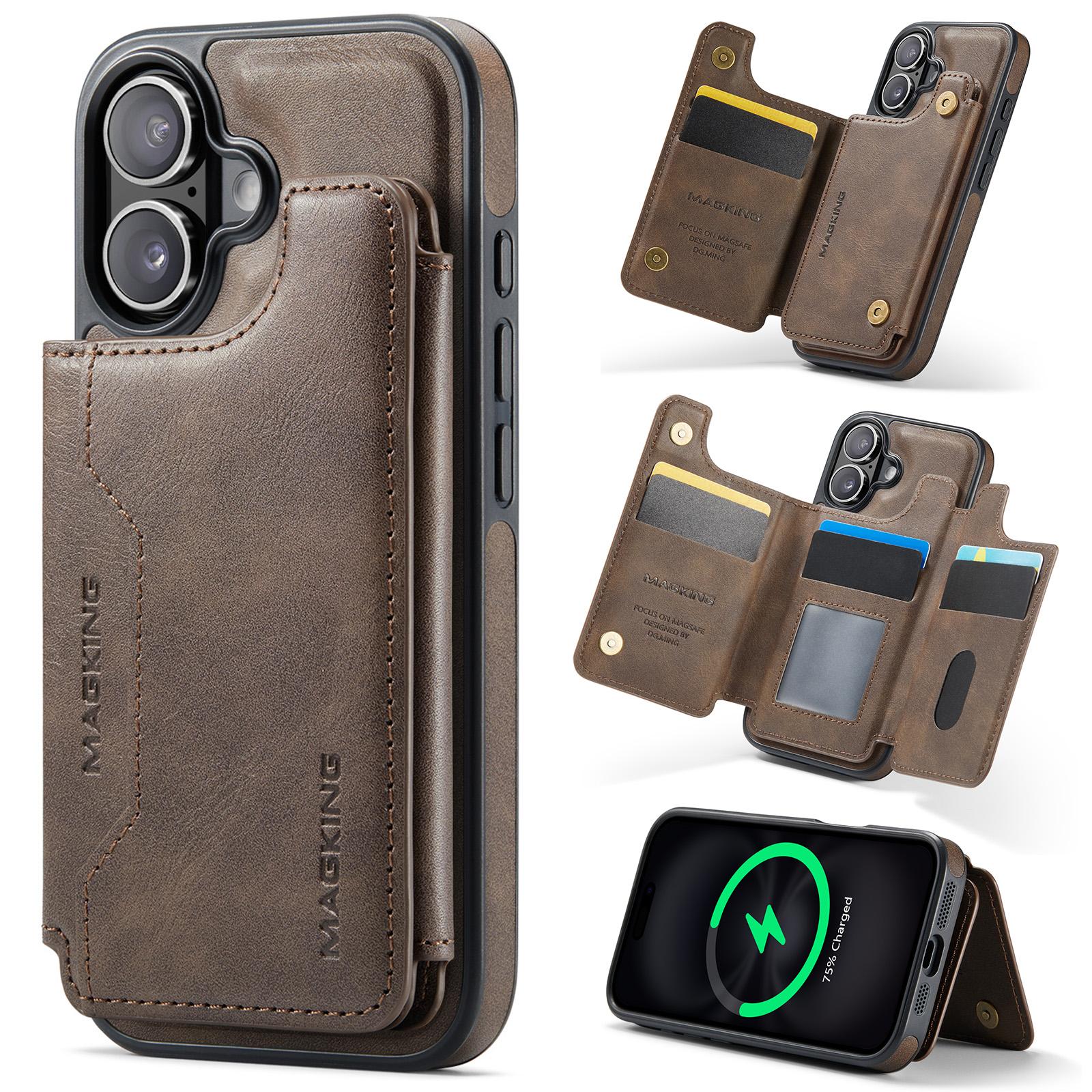 For iPhone 16 MAGKING K3 Series MagSafe RFID Card Bag Detachable Phone Case(Coffee) - Shopkiz.com
