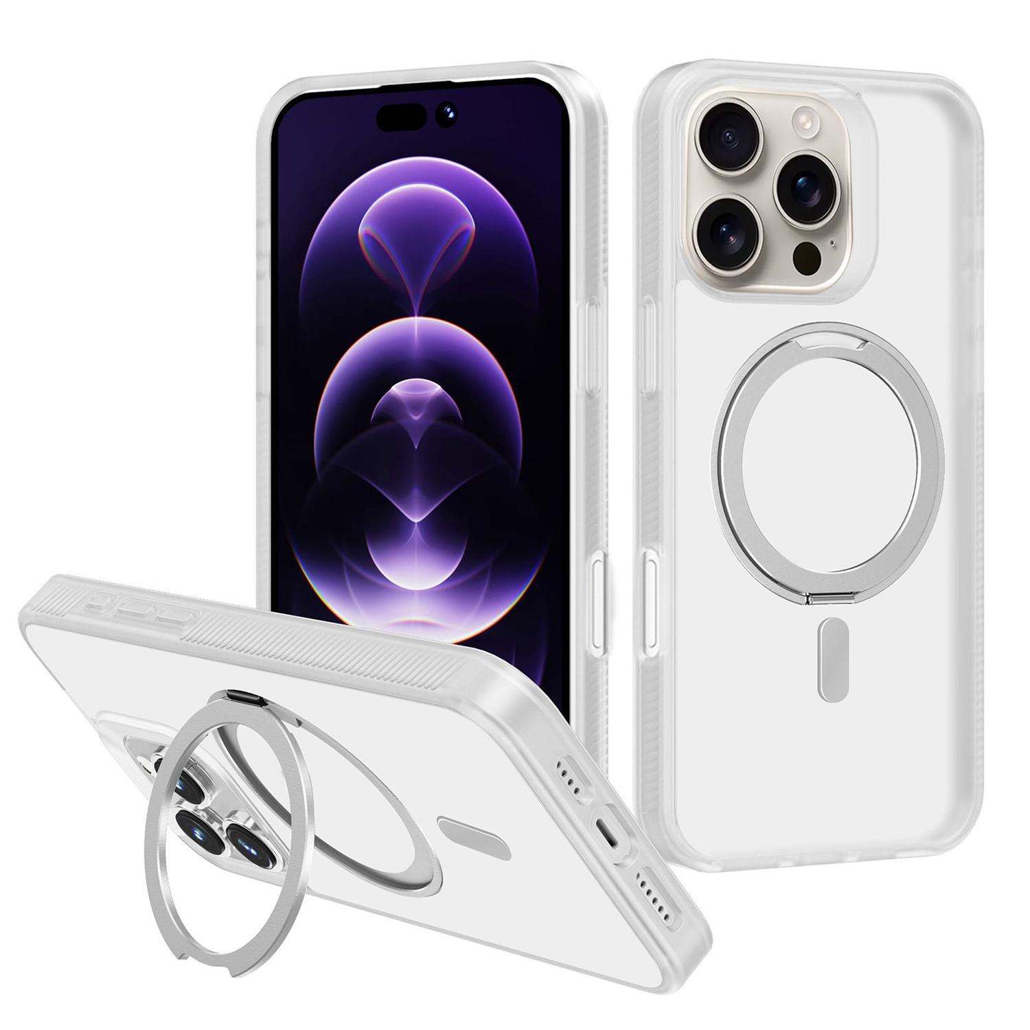 For iPhone 16 Pro Kalebol Rotating Holder MagSafe PC Hybrid TPU Phone Case(White) - Shopkiz.com
