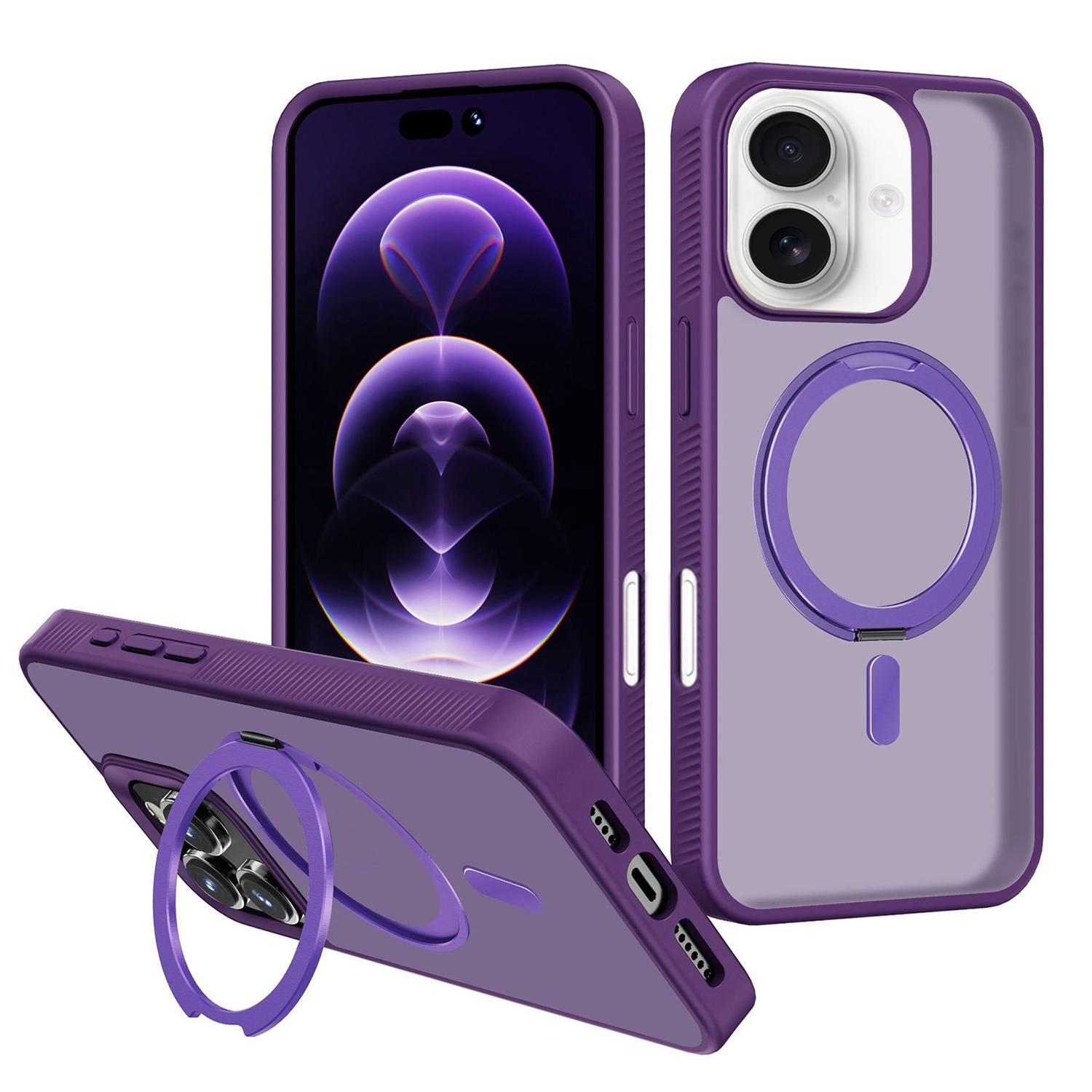 For iPhone 16 Kalebol Rotating Holder MagSafe PC Hybrid TPU Phone Case(Deep Purple) - Shopkiz.com