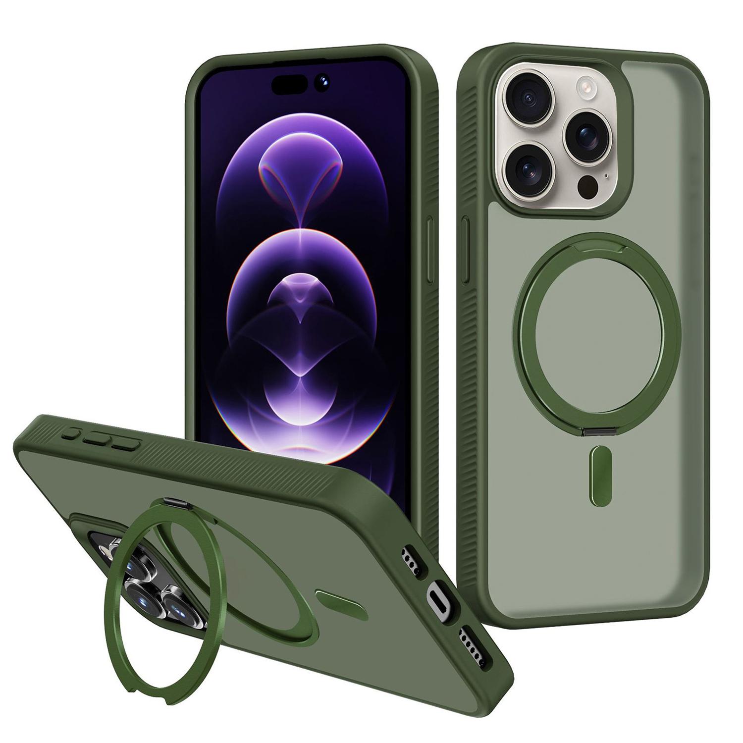 For iPhone 15 Pro Max Kalebol Rotating Holder MagSafe PC Hybrid TPU Phone Case(Deep Green) - Shopkiz.com