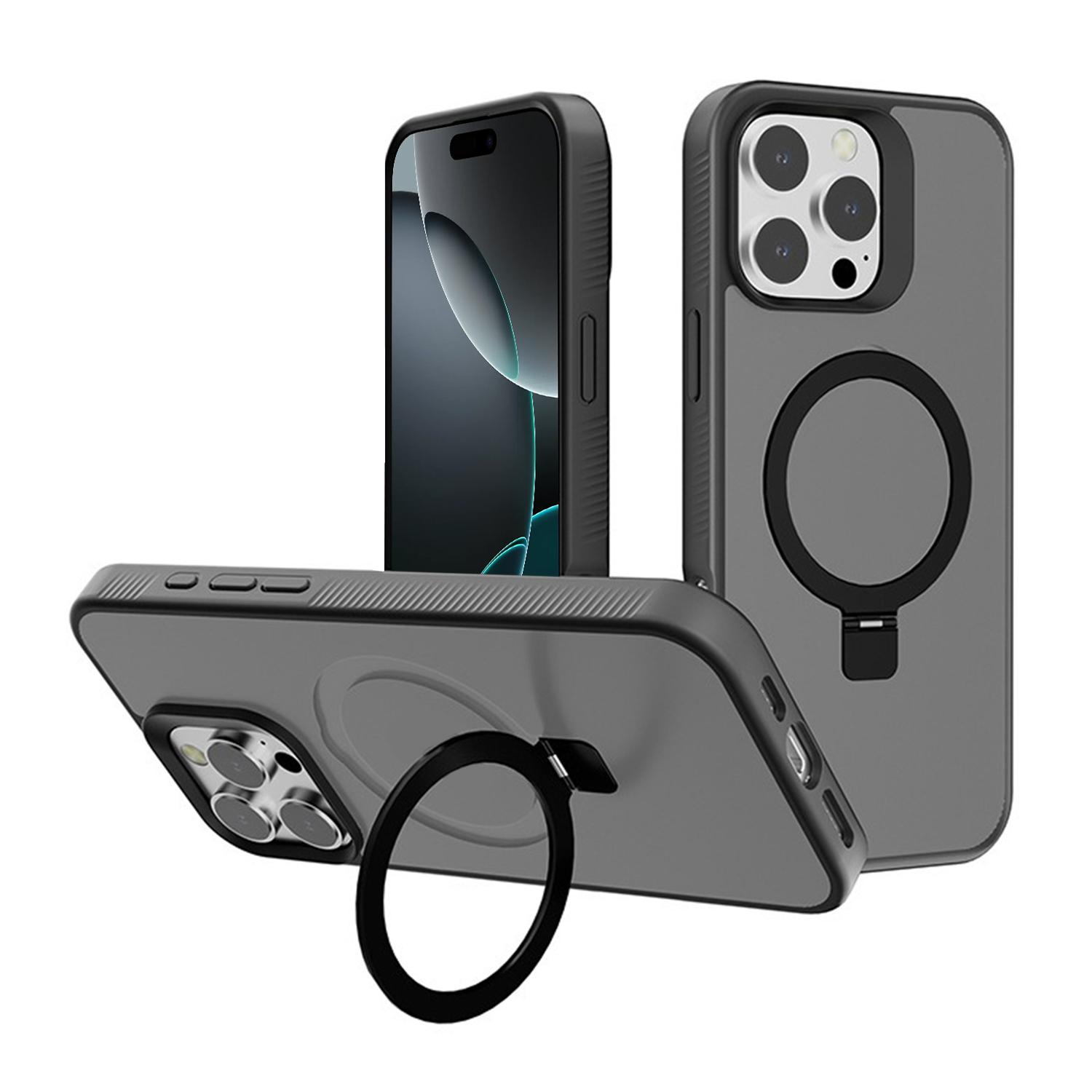 For iPhone 16 Pro Max Kalebol Frosted MagSafe Holder PC Phone Case(Black) - Shopkiz.com