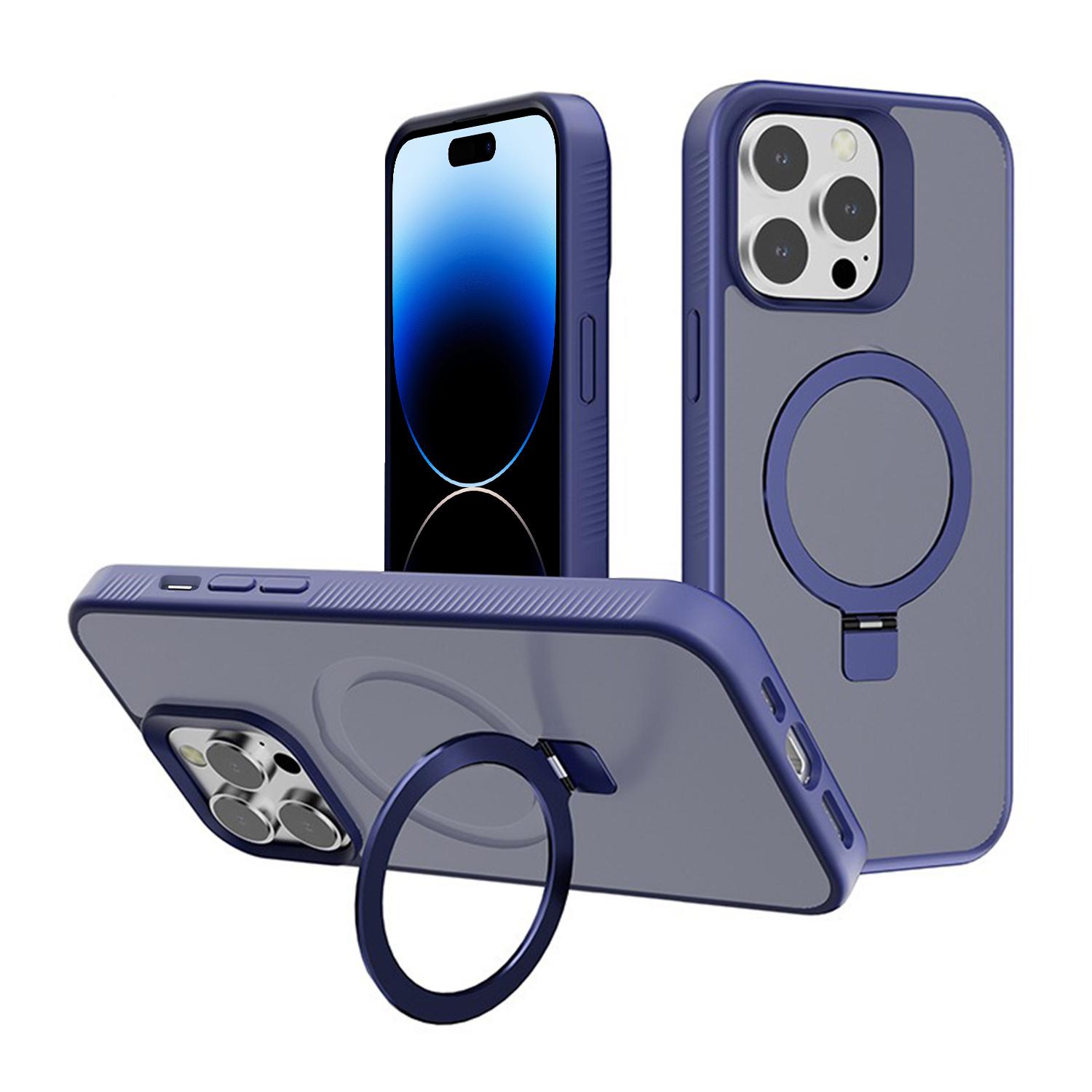 For iPhone 14 Pro Kalebol Frosted MagSafe Holder PC Phone Case(Royal Blue) - Shopkiz.com