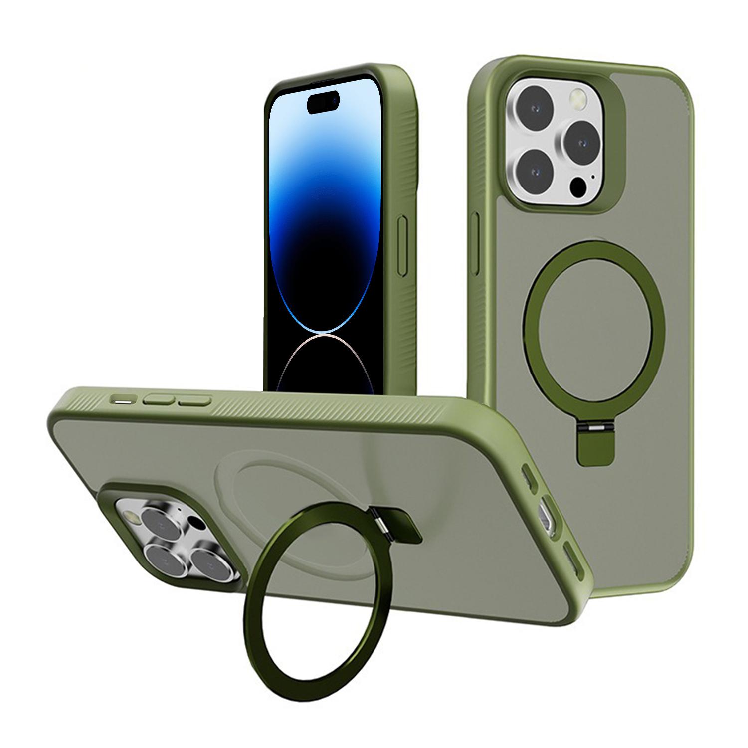 For iPhone 14 Pro Kalebol Frosted MagSafe Holder PC Phone Case(Deep Green) - Shopkiz.com