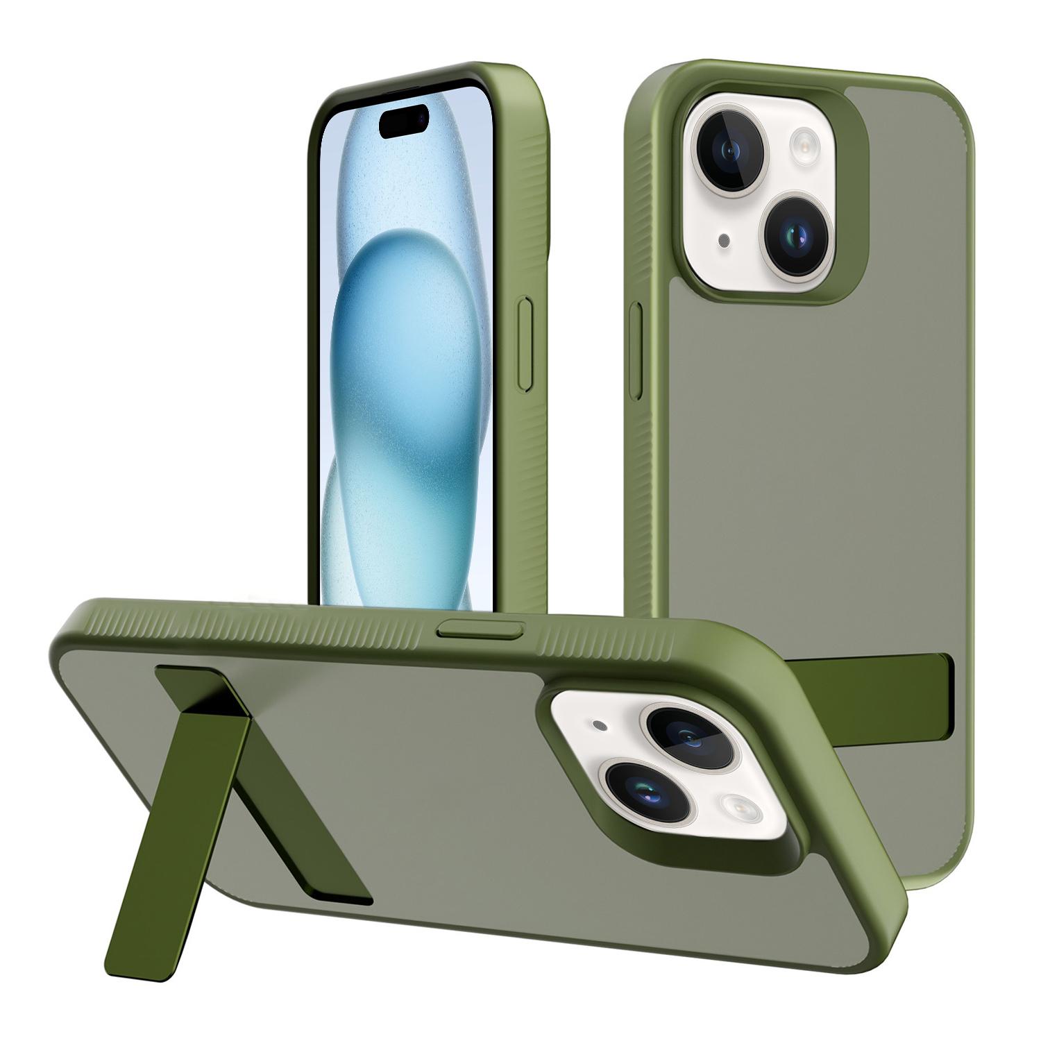 For iPhone 15 Plus Kalebol Frosted Holder PC Hybrid TPU Phone Case(Deep Green) - Shopkiz.com