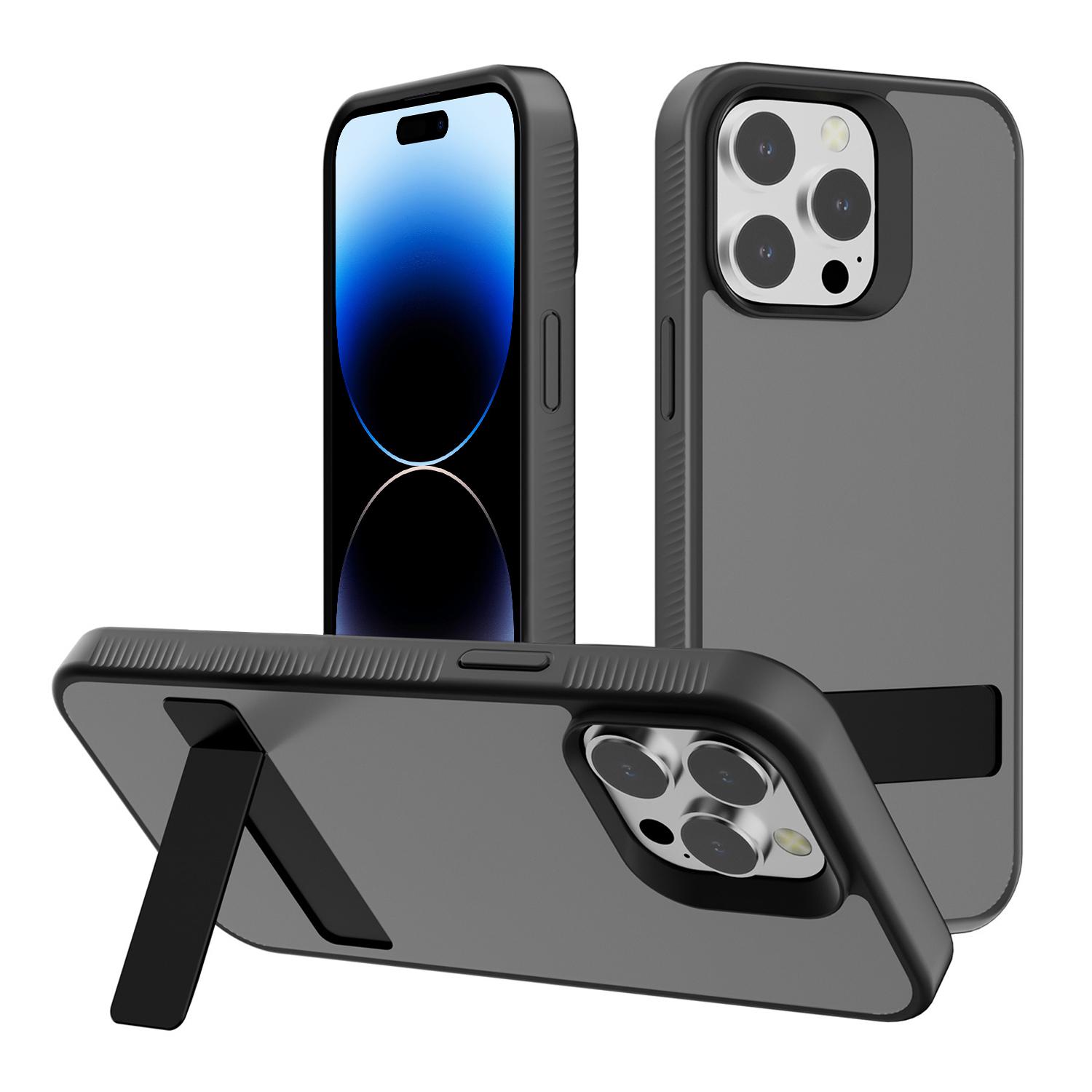 For iPhone 14 Pro Max Kalebol Frosted Holder PC Hybrid TPU Phone Case(Black) - Shopkiz.com