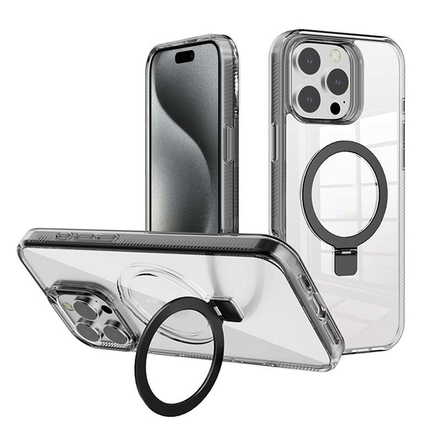 For iPhone 15 Pro Kalebol MagSafe Holder Simple Clear TPU Phone Case(Black) - Shopkiz.com