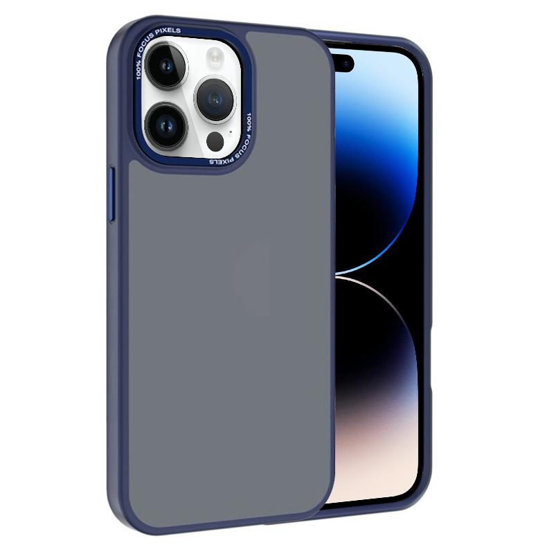 For iPhone 14 Pro Kalebol Metal Lens Frame Frosted PC Phone Case(Navy Blue) - Shopkiz.com