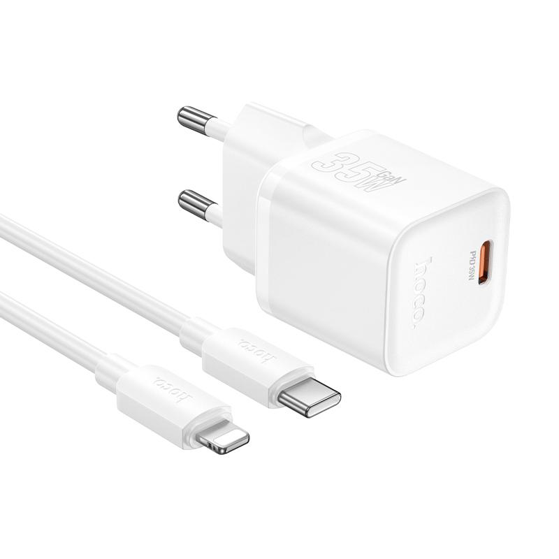 hoco N66 Ingenious GaN PD35W Type-C Single Port Charger with 1m Type-C to 8 Pin Cable, EU Plug(White) - Shopkiz.com
