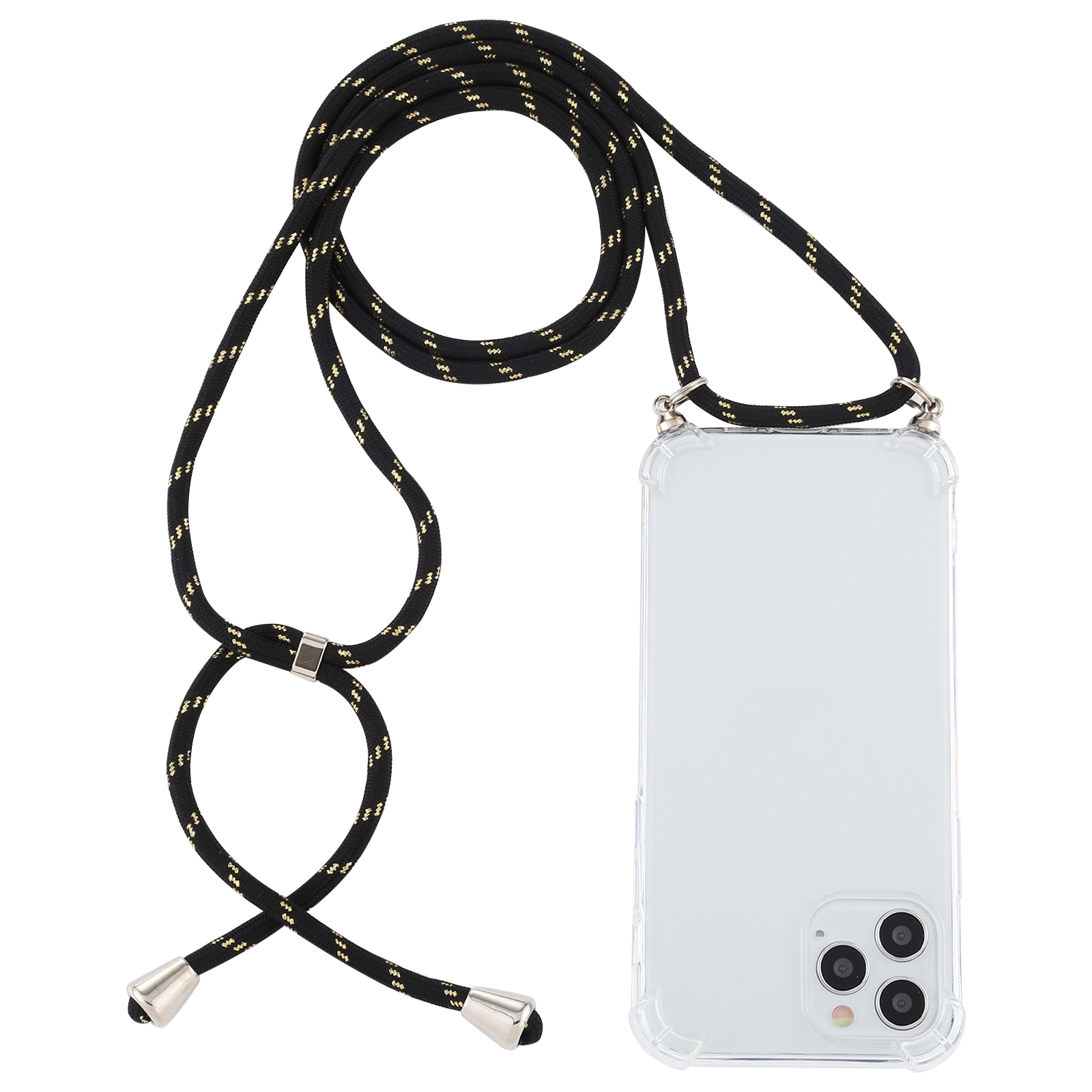 For iPhone 12 / 12 Pro Four-Corner Shockproof Transparent TPU Case with Lanyard(Black Gold) - Shopkiz.com