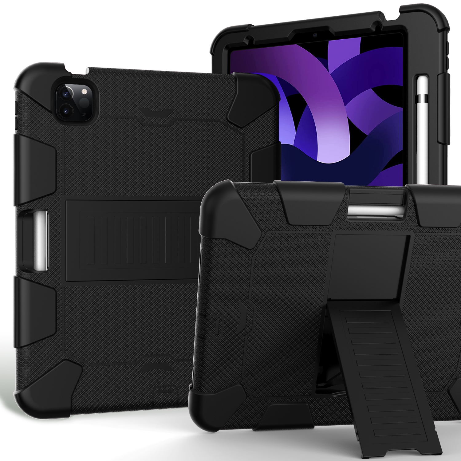 For iPad Air 2022 / 2020 10.9 Shockproof Two-Color Silicone Protective Case with Holder(Black+Black) - Shopkiz.com