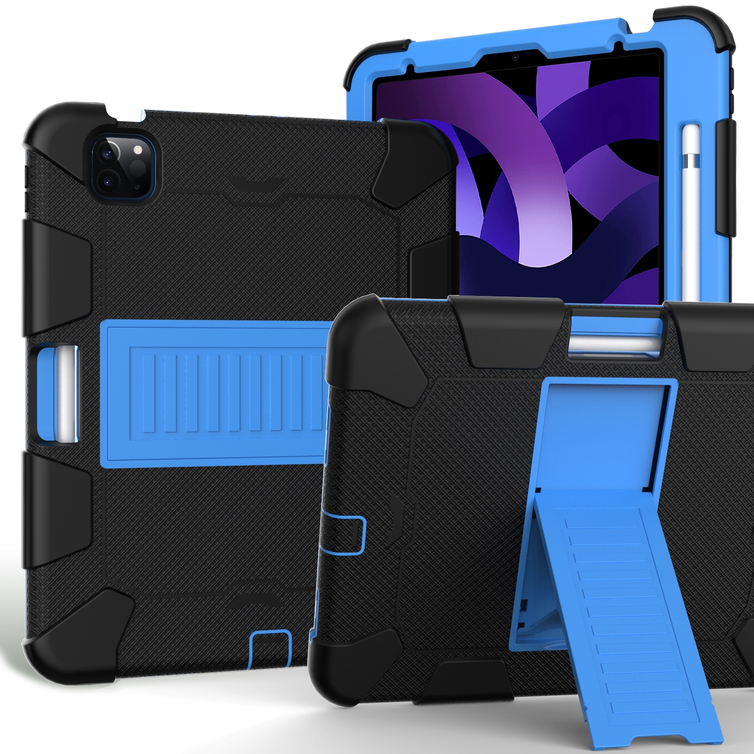 For iPad Air 2022 / 2020 10.9 Shockproof Two-Color Silicone Protective Case with Holder(Black + Blue) - Shopkiz.com
