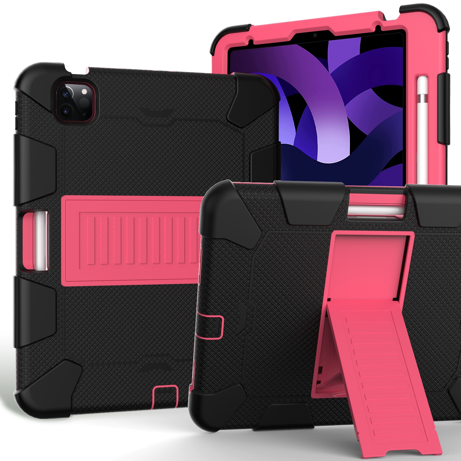 For iPad Air 2022 / 2020 10.9 Shockproof Two-Color Silicone Protective Case with Holder(Black + Rose Red) - Shopkiz.com