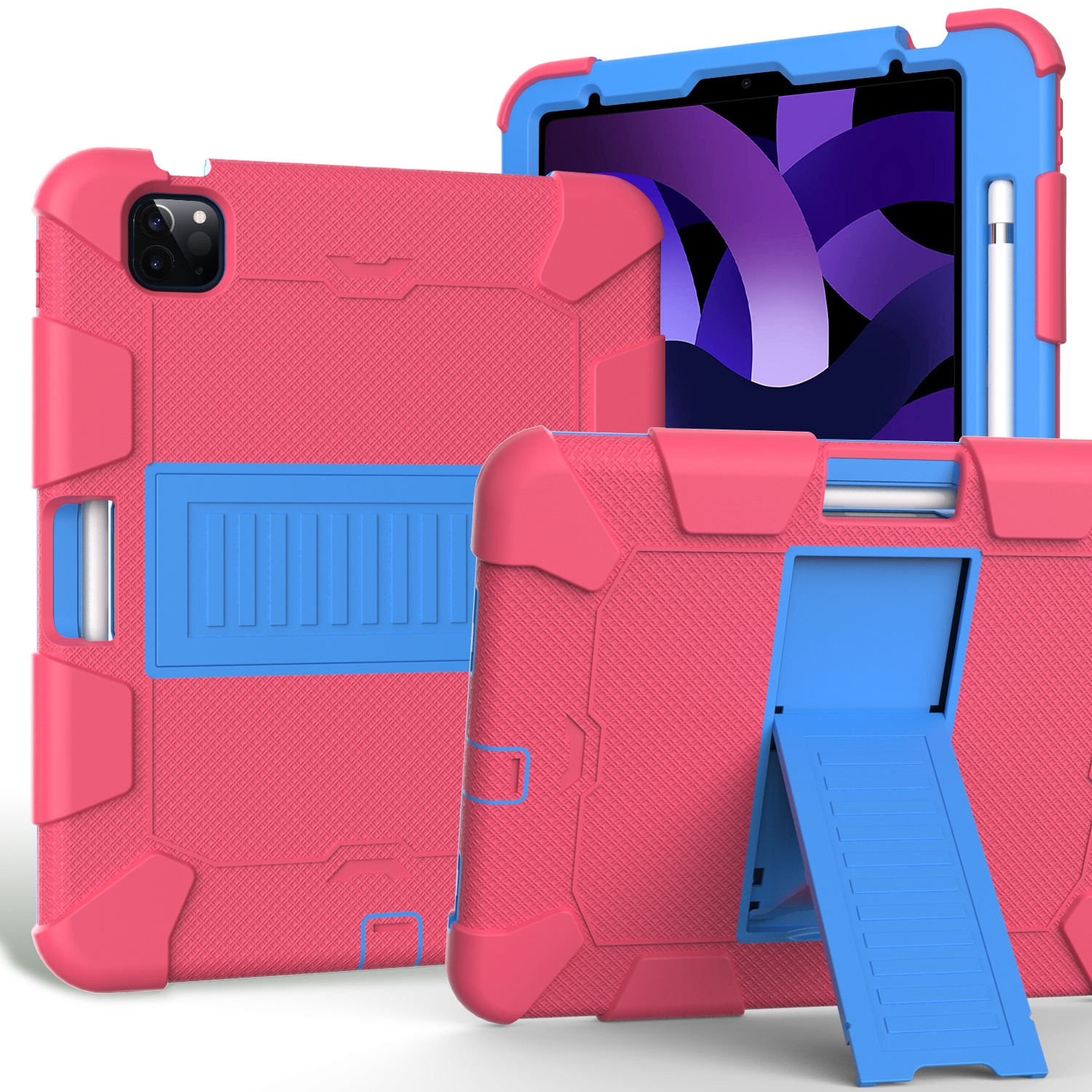For iPad Air 2022 / 2020 10.9 Shockproof Two-Color Silicone Protective Case with Holder(Rose Red + Blue) - Shopkiz.com