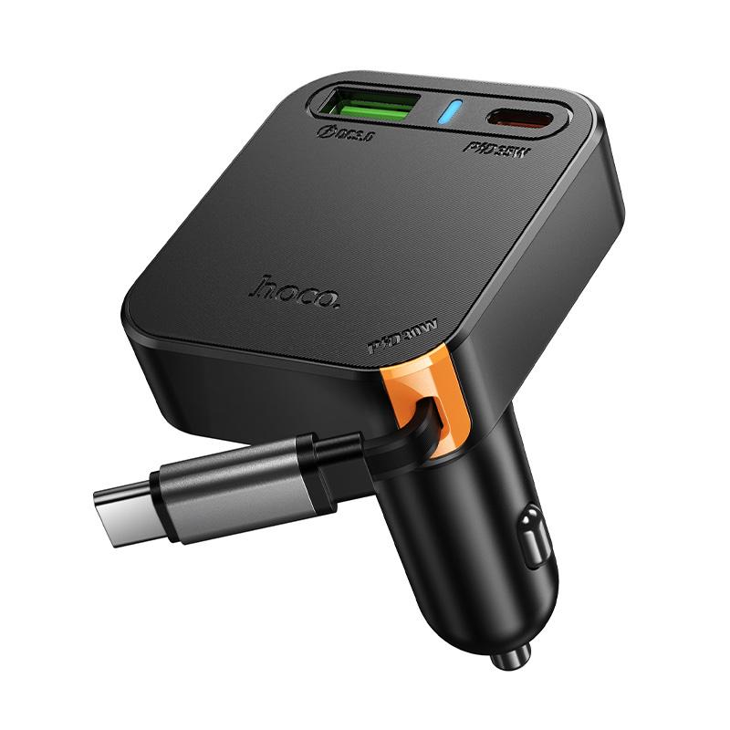 hoco NZ18 Guardian PD65W USB and Type-C Dual Port Car Charger with Type-C Retractable Cable(Black) - Shopkiz.com