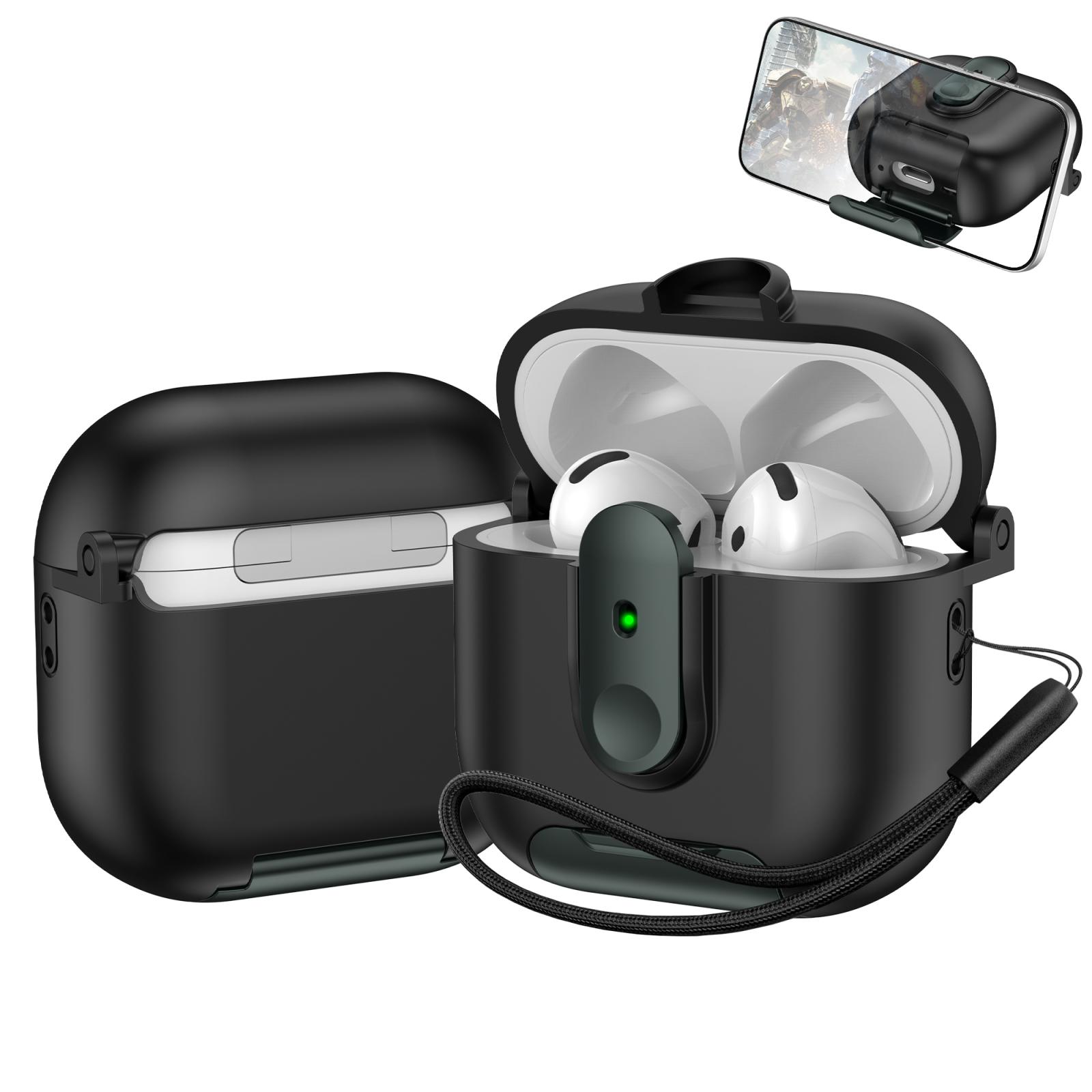 For AirPods 4 One-piece Holder Wireless Earphones Case with Lanyard(Black Army Green) - Shopkiz.com