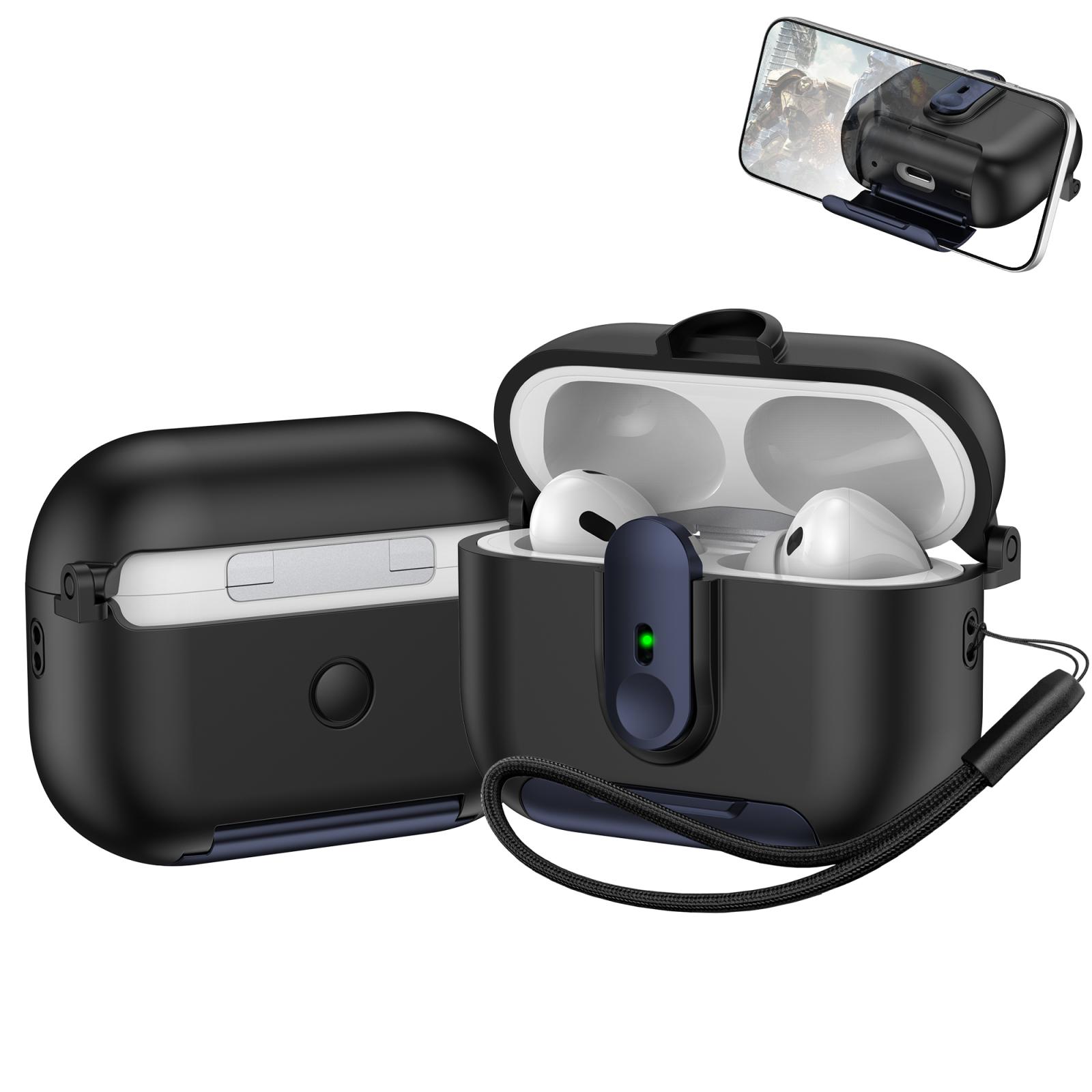 For AirPods Pro 2 One-piece Holder Wireless Earphones Case with Lanyard(Black Dark Blue) - Shopkiz.com