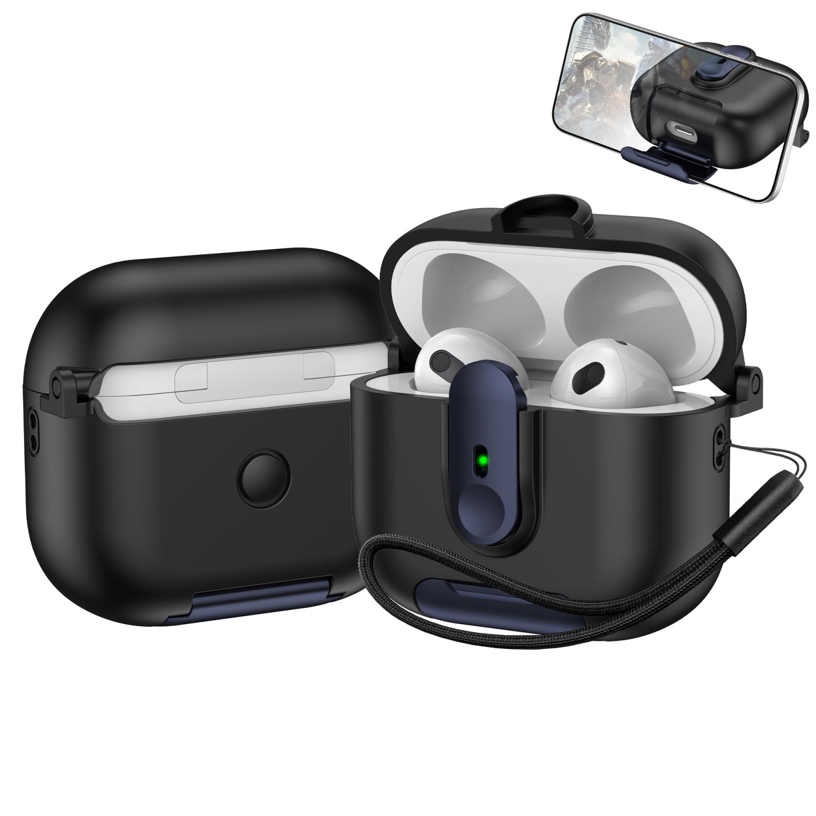For AirPods 3 One-piece Holder Wireless Earphones Case with Lanyard(Black Dark Blue) - Shopkiz.com