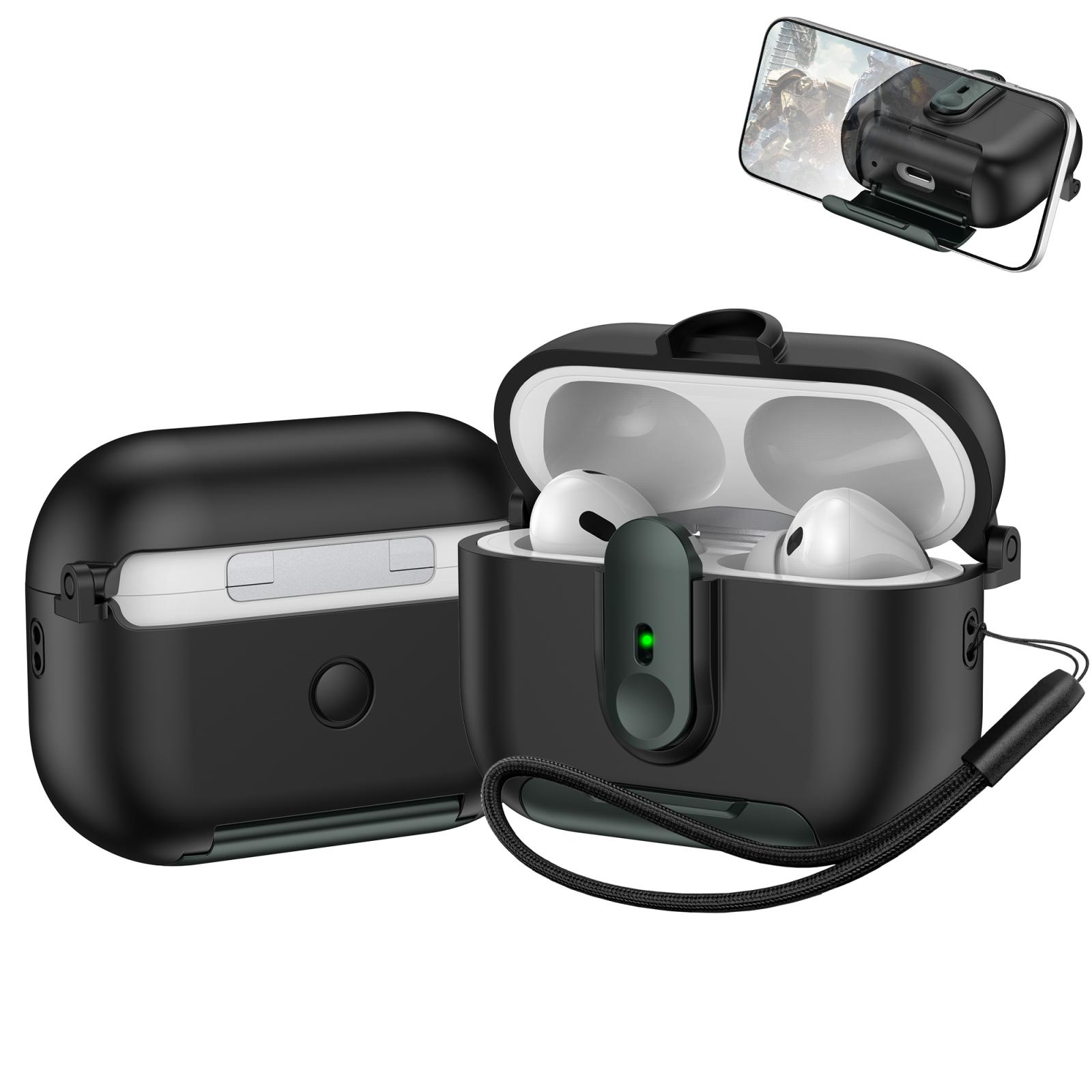 For AirPods Pro One-piece Holder Wireless Earphones Case with Lanyard(Black Army Green) - Shopkiz.com