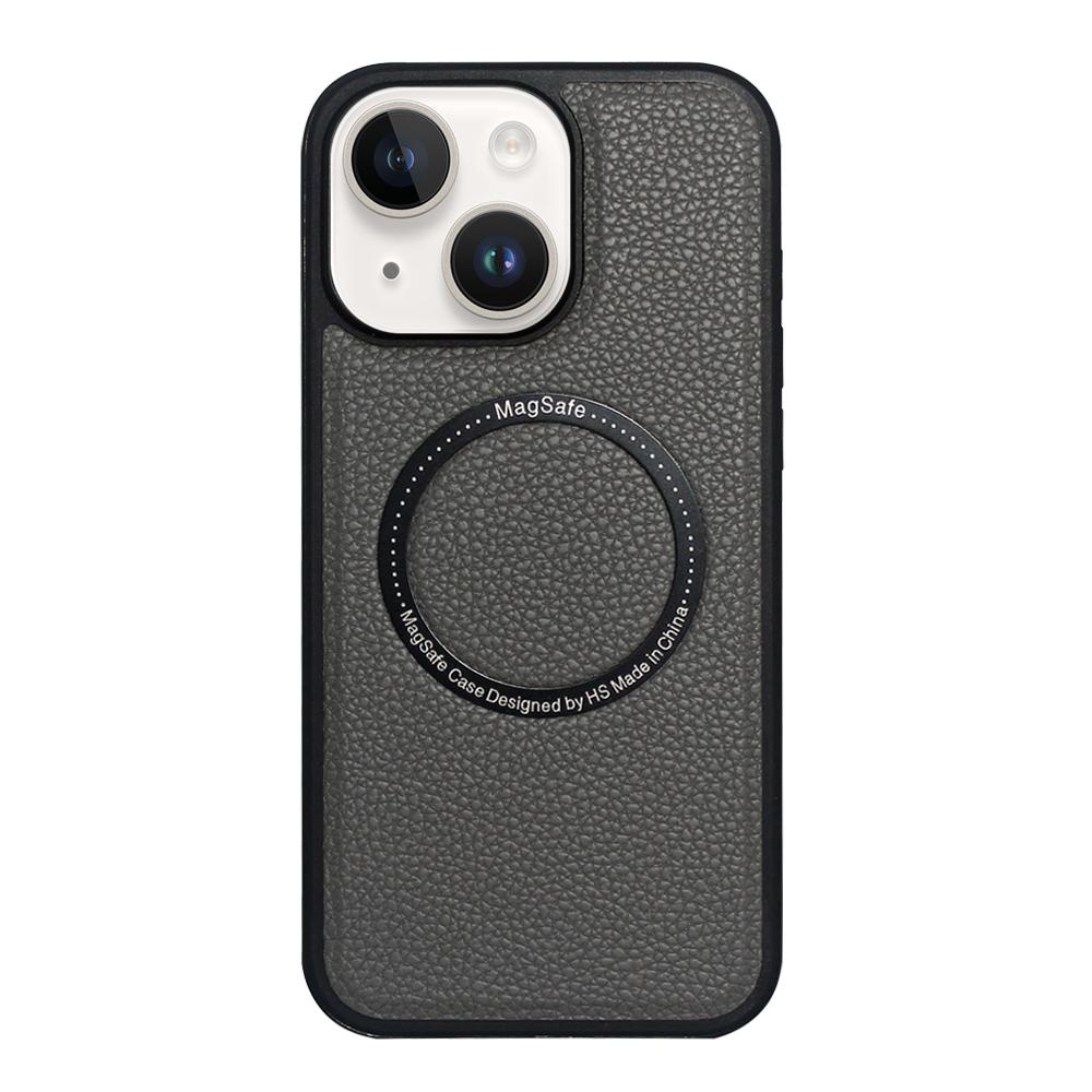 For iPhone 15 Litchi Texture PU MagSafe Back Cover Phone Case(Grey) - Shopkiz.com