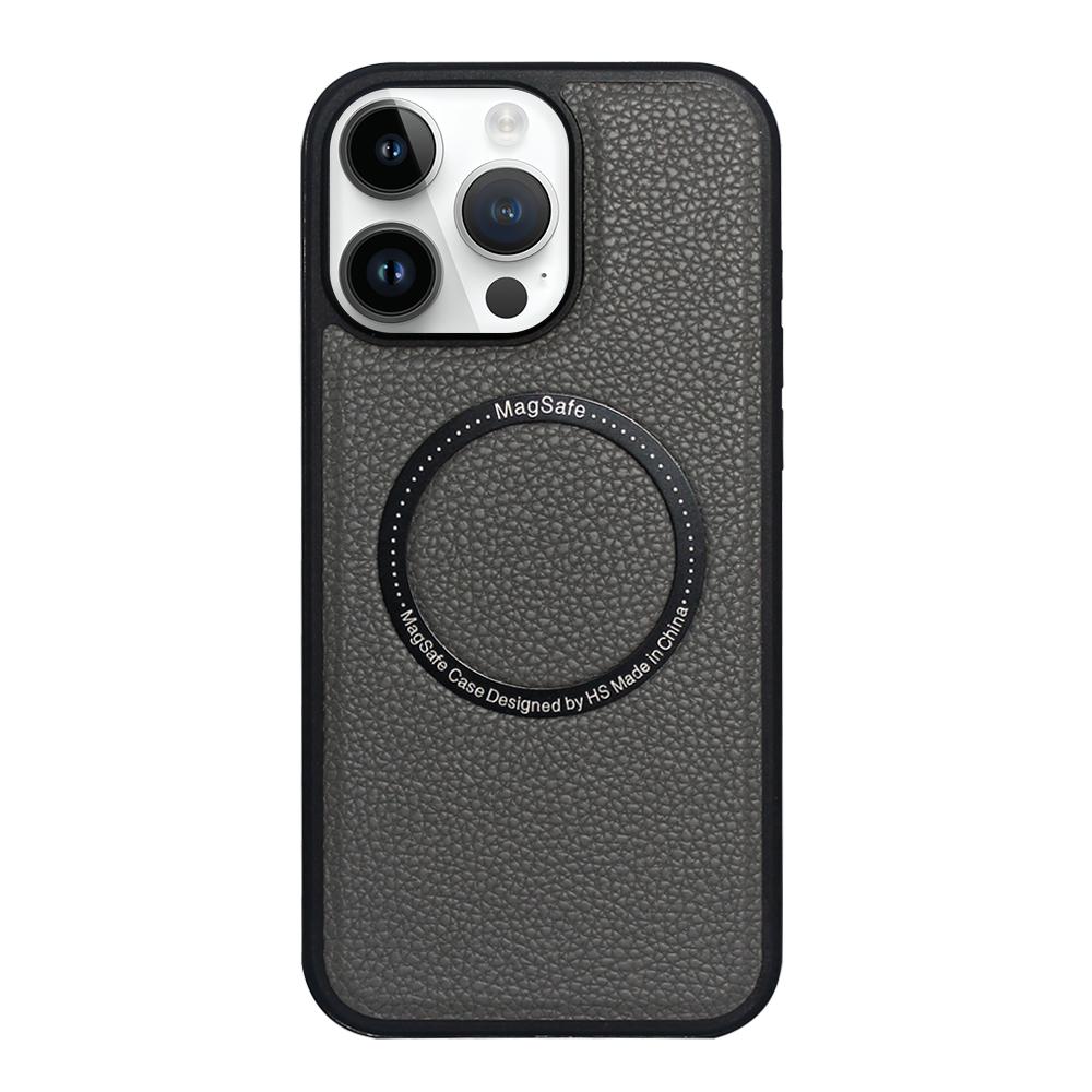 For iPhone 13 Pro Max Litchi Texture PU MagSafe Back Cover Phone Case(Grey) - Shopkiz.com