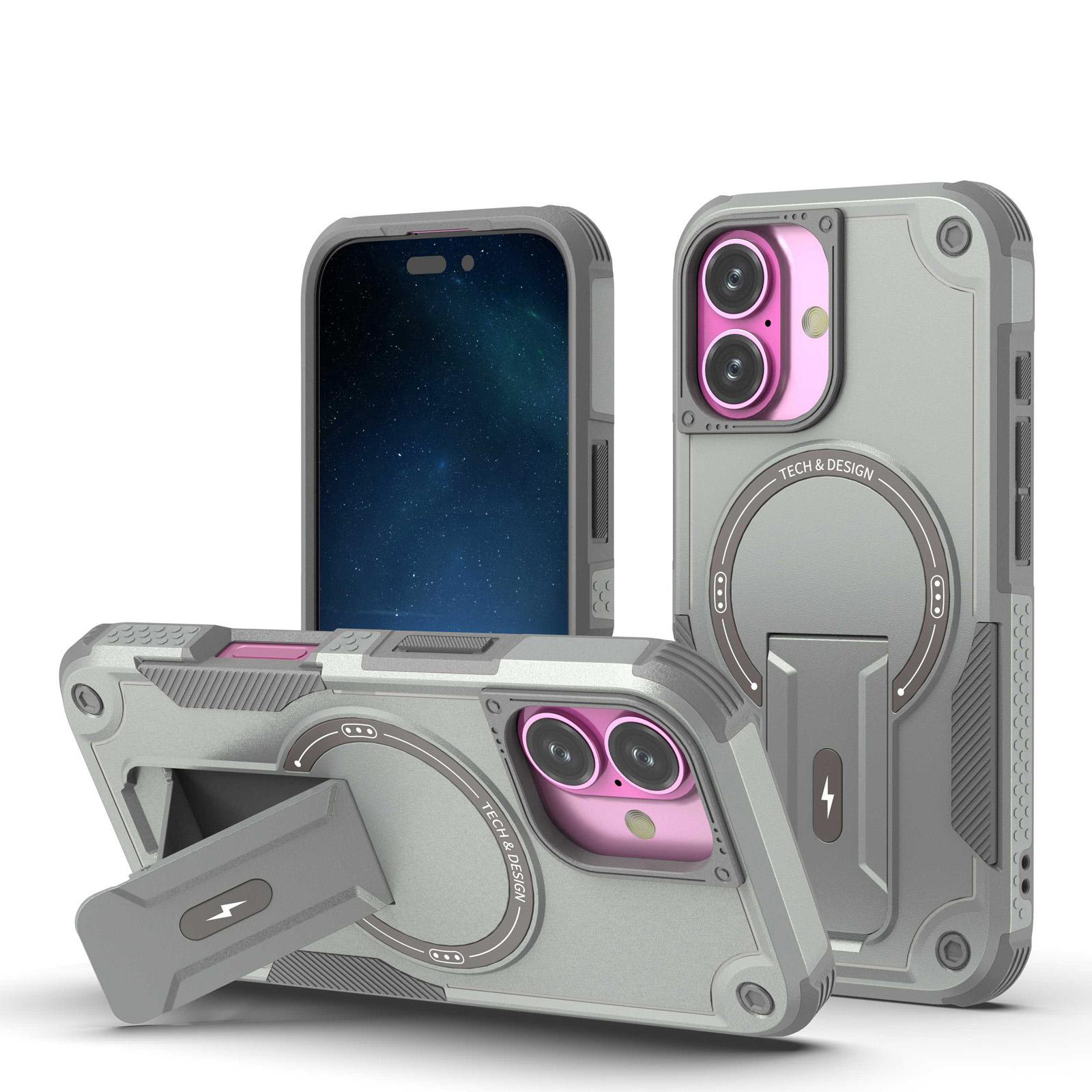For iPhone 17 Armor Magsafe Holder PC Hybrid TPU Phone Case(Grey) - Shopkiz.com