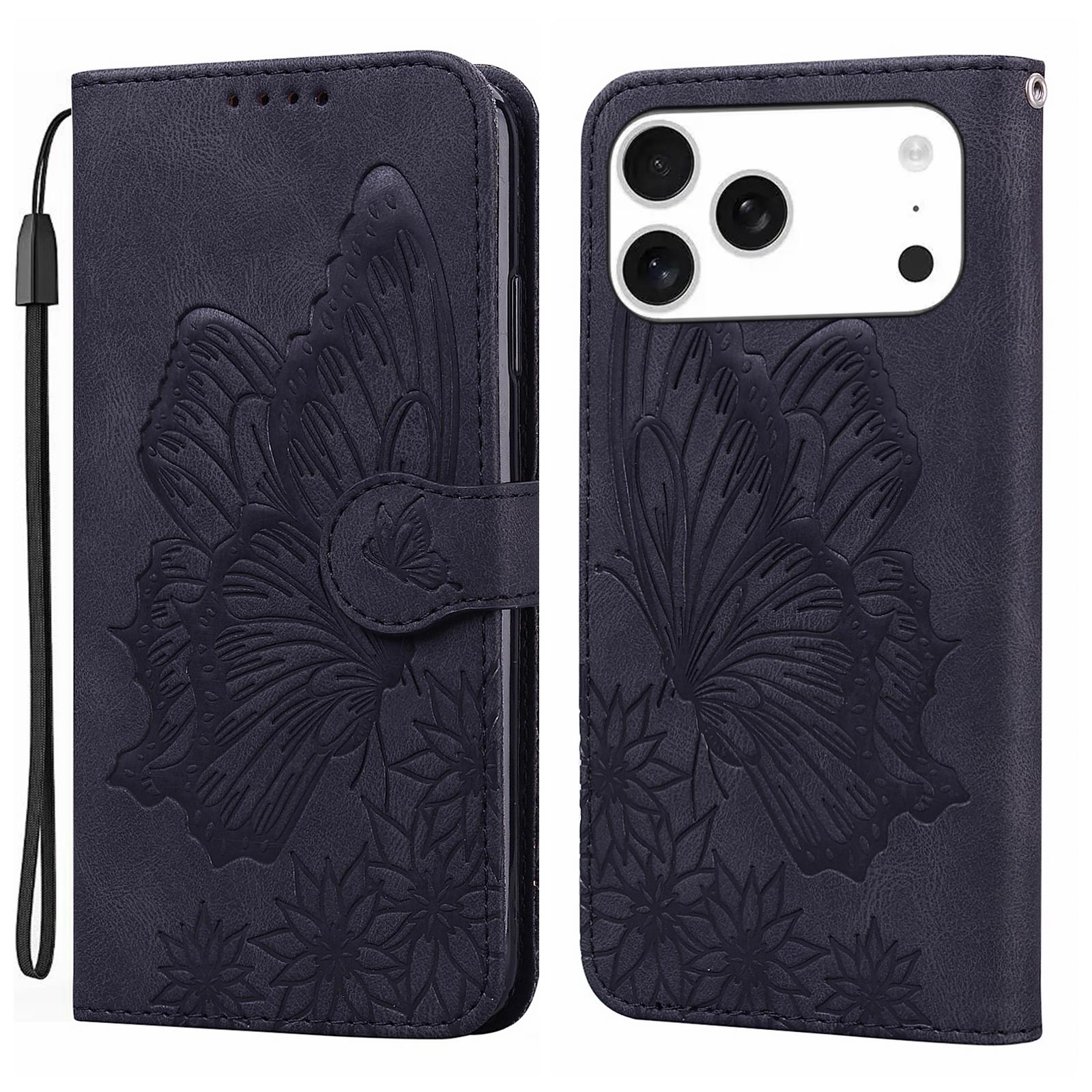 For iPhone 17 Pro Retro Skin Feel Butterflies Embossing Horizontal Flip Leather Phone Case(Black) - Shopkiz.com