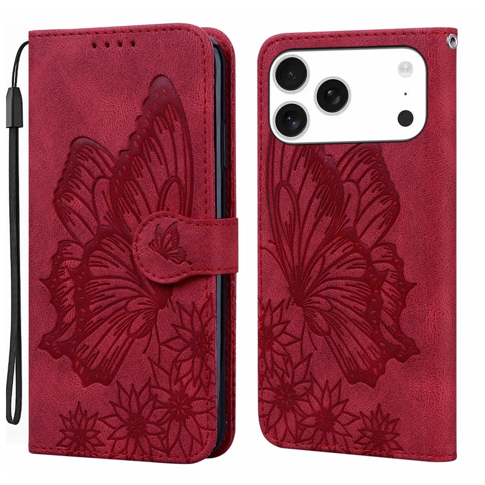 For iPhone 17 Pro Retro Skin Feel Butterflies Embossing Horizontal Flip Leather Phone Case(Red) - Shopkiz.com