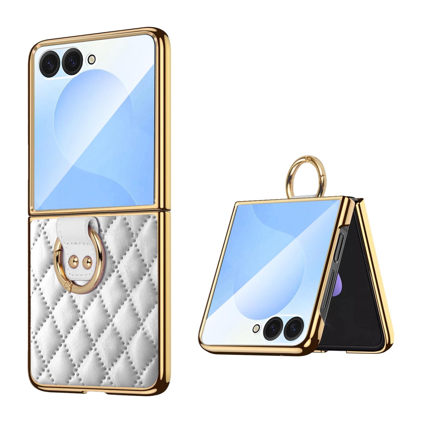 For Galaxy Z Flip8 5G VIETAO Diamond Pattern Metal Ring PU Leather Phone Case(White) - Shopkiz.com