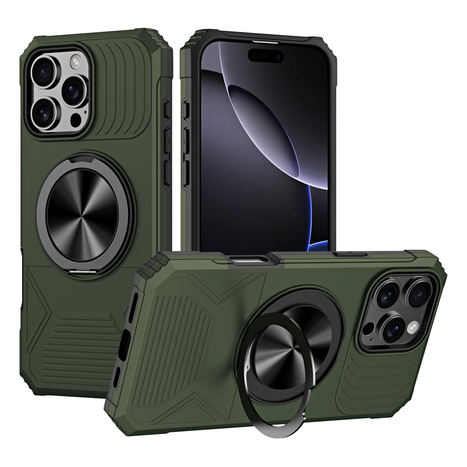 For iPhone 16 Pro Max Alloy Rotating Holder MagSafe Shockproof Phone Case(Army Green) - Shopkiz.com