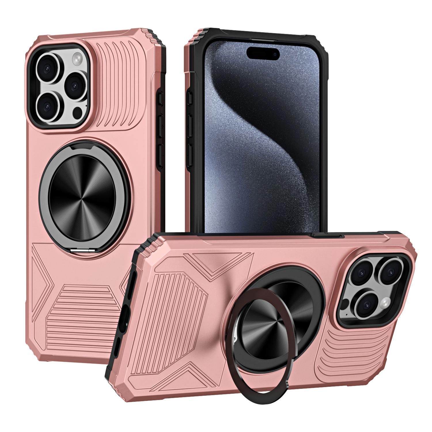 For iPhone 14 Pro Max Alloy Rotating Holder MagSafe Shockproof Phone Case(Rose Gold) - Shopkiz.com