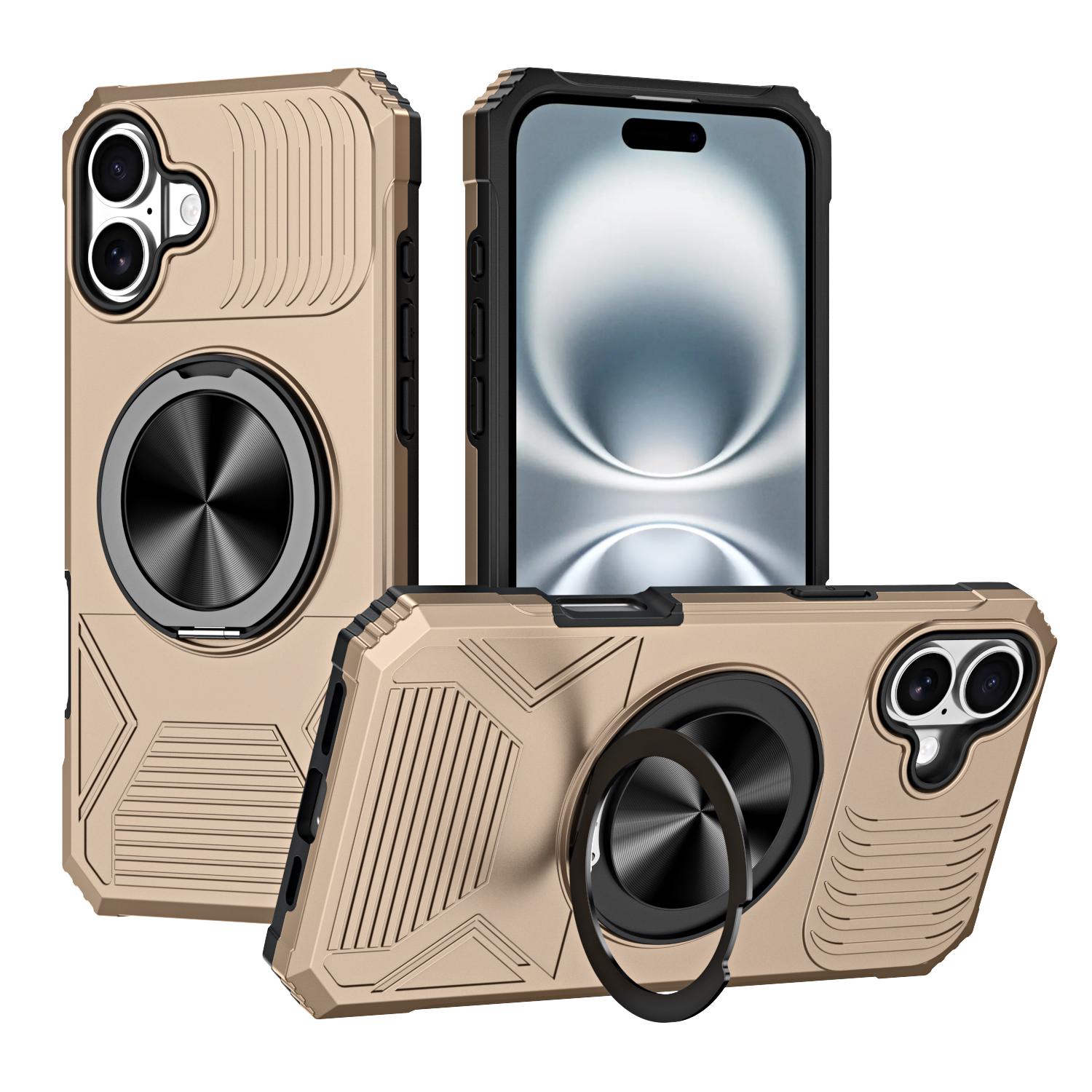 For iPhone 16 Alloy Rotating Holder MagSafe Shockproof Phone Case(Gold) - Shopkiz.com