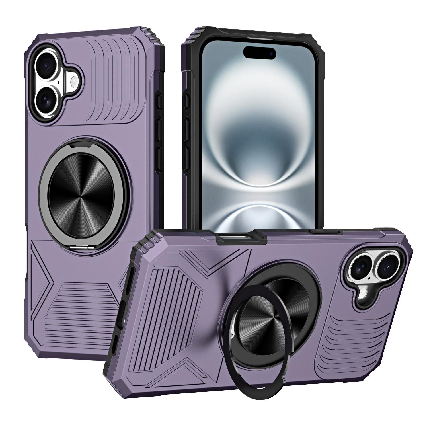For iPhone 16 Alloy Rotating Holder MagSafe Shockproof Phone Case(Dark Purple) - Shopkiz.com
