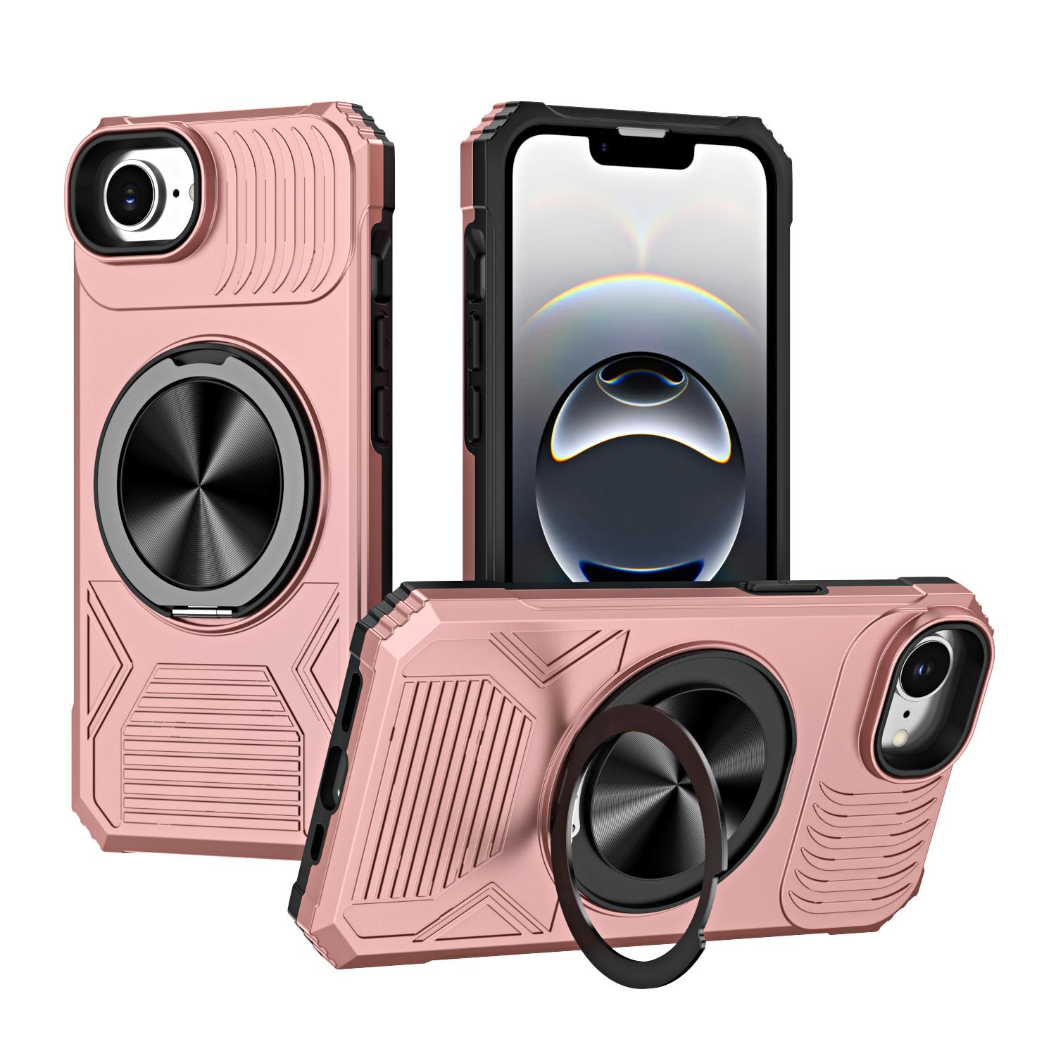 For iPhone 16e / 17e Alloy Rotating Holder MagSafe Shockproof Phone Case(Rose Gold) - Shopkiz.com