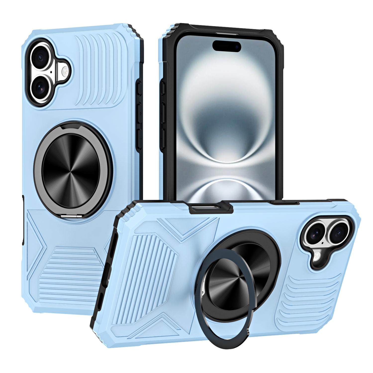For iPhone 16 Plus Alloy Rotating Holder MagSafe Shockproof Phone Case(Sky Blue) - Shopkiz.com