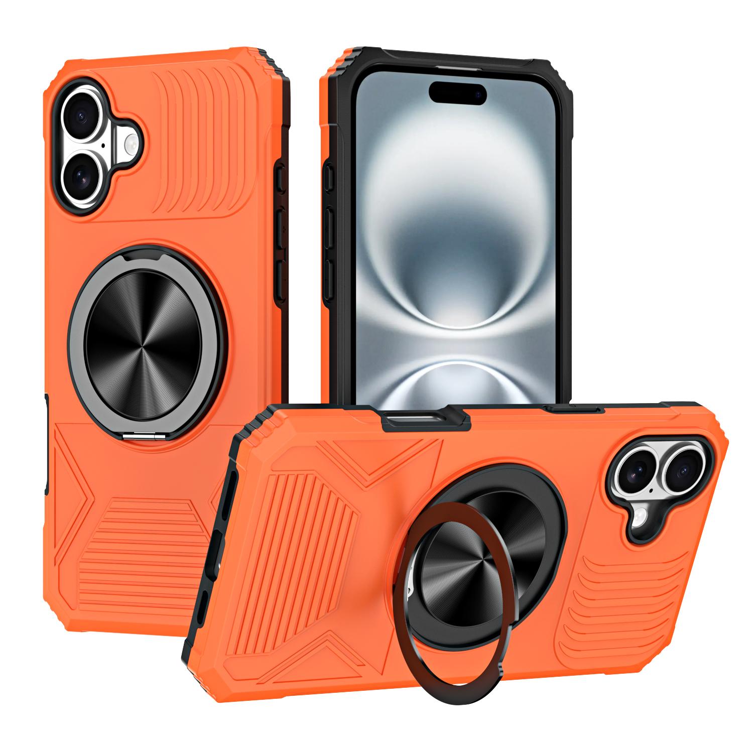 For iPhone 16 Plus Alloy Rotating Holder MagSafe Shockproof Phone Case(Orange) - Shopkiz.com