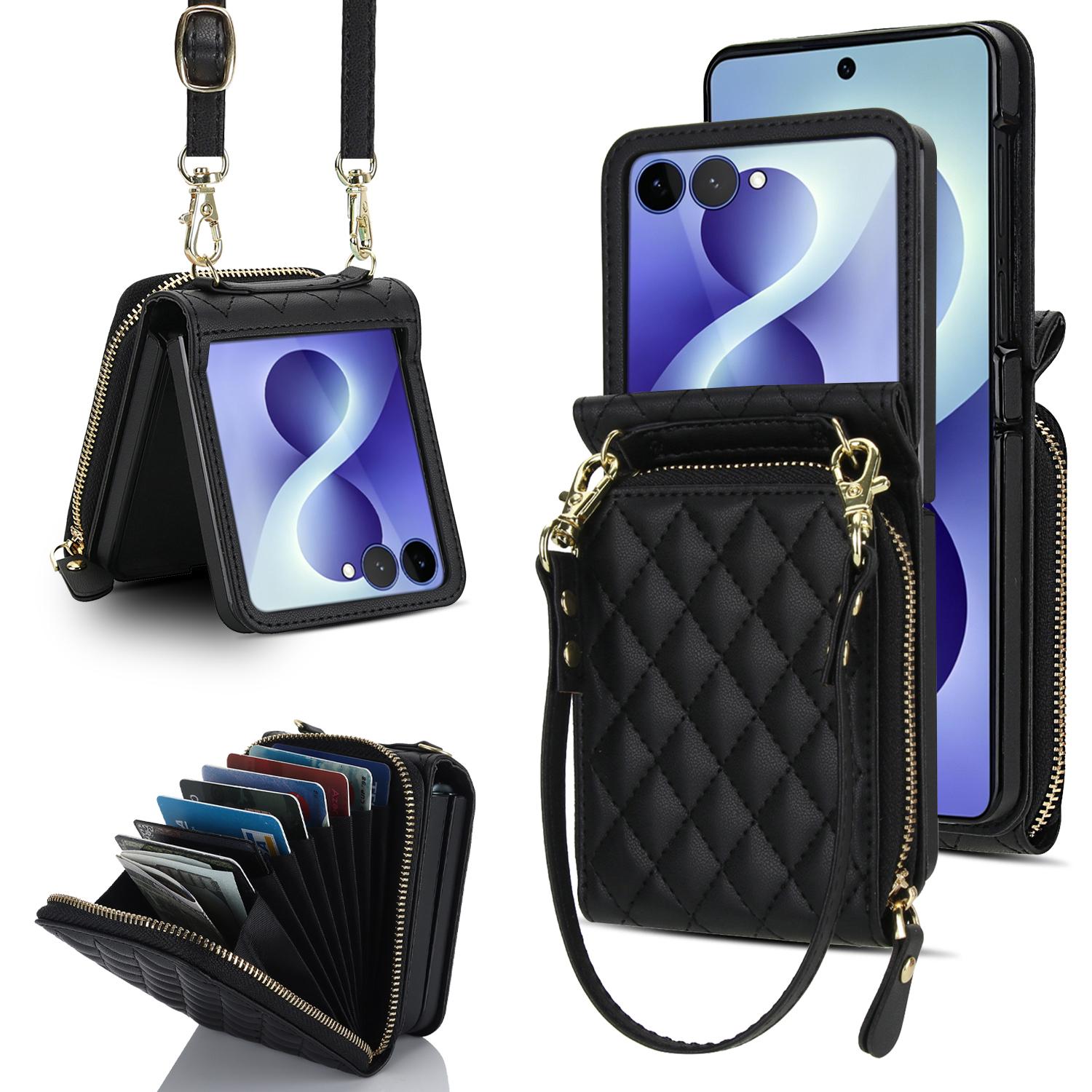 For Galaxy Z Flip8 5G Large Zipper Card Slot Leather Phone Case with Crossbody Strap(Black) - Shopkiz.com