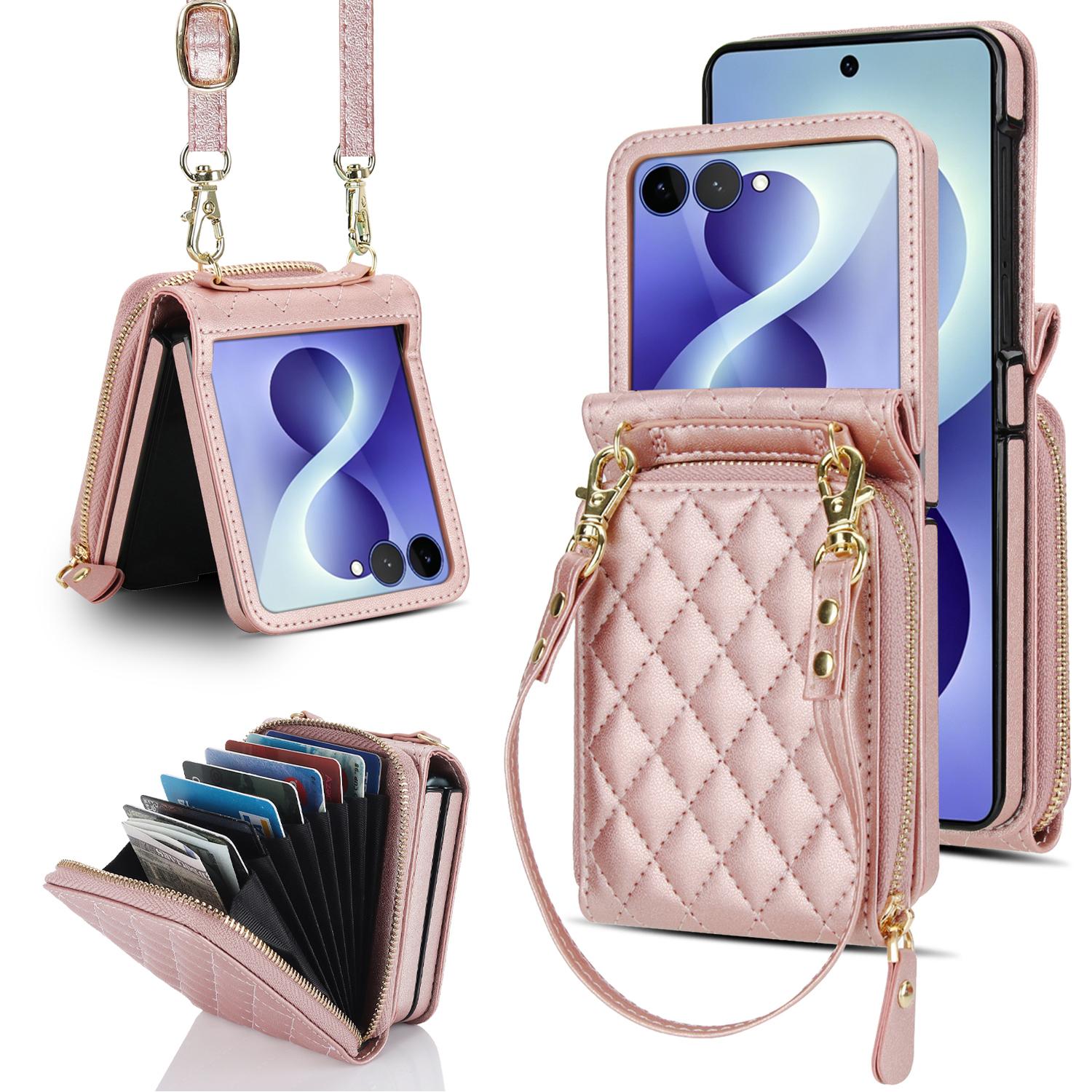 For Galaxy Z Flip8 5G Large Zipper Card Slot Leather Phone Case with Crossbody Strap(Rose Gold) - Shopkiz.com