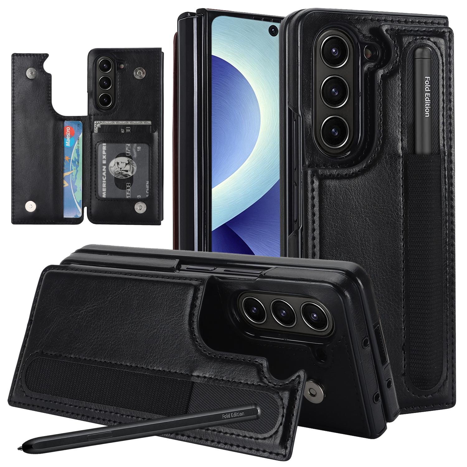 For Galaxy Z Fold8 Ultra 5G Full Coverage Fold Double Buckle PU Phone Case with Pen Slots(Black) - Shopkiz.com