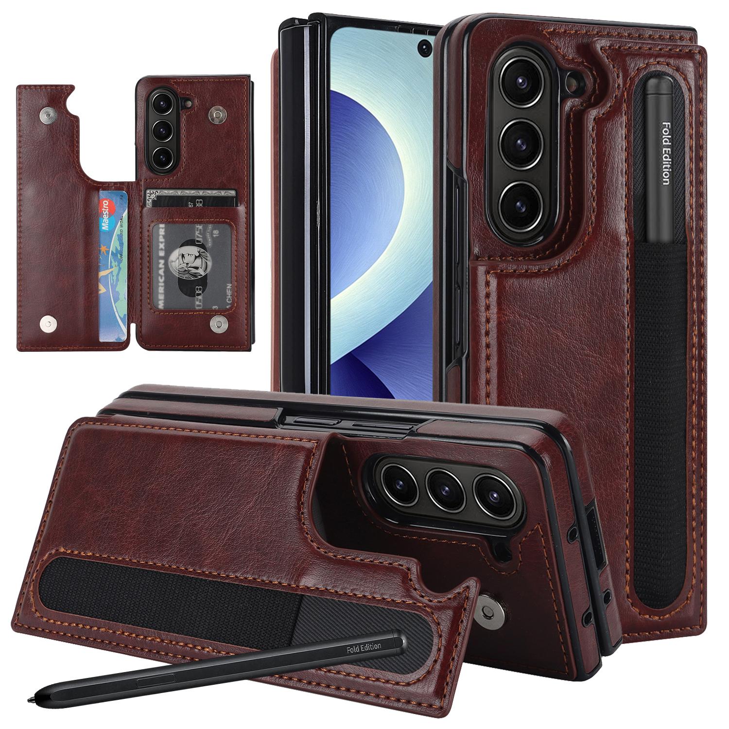 For Galaxy Z Fold8 Ultra 5G Full Coverage Fold Double Buckle PU Phone Case with Pen Slots(Brown) - Shopkiz.com