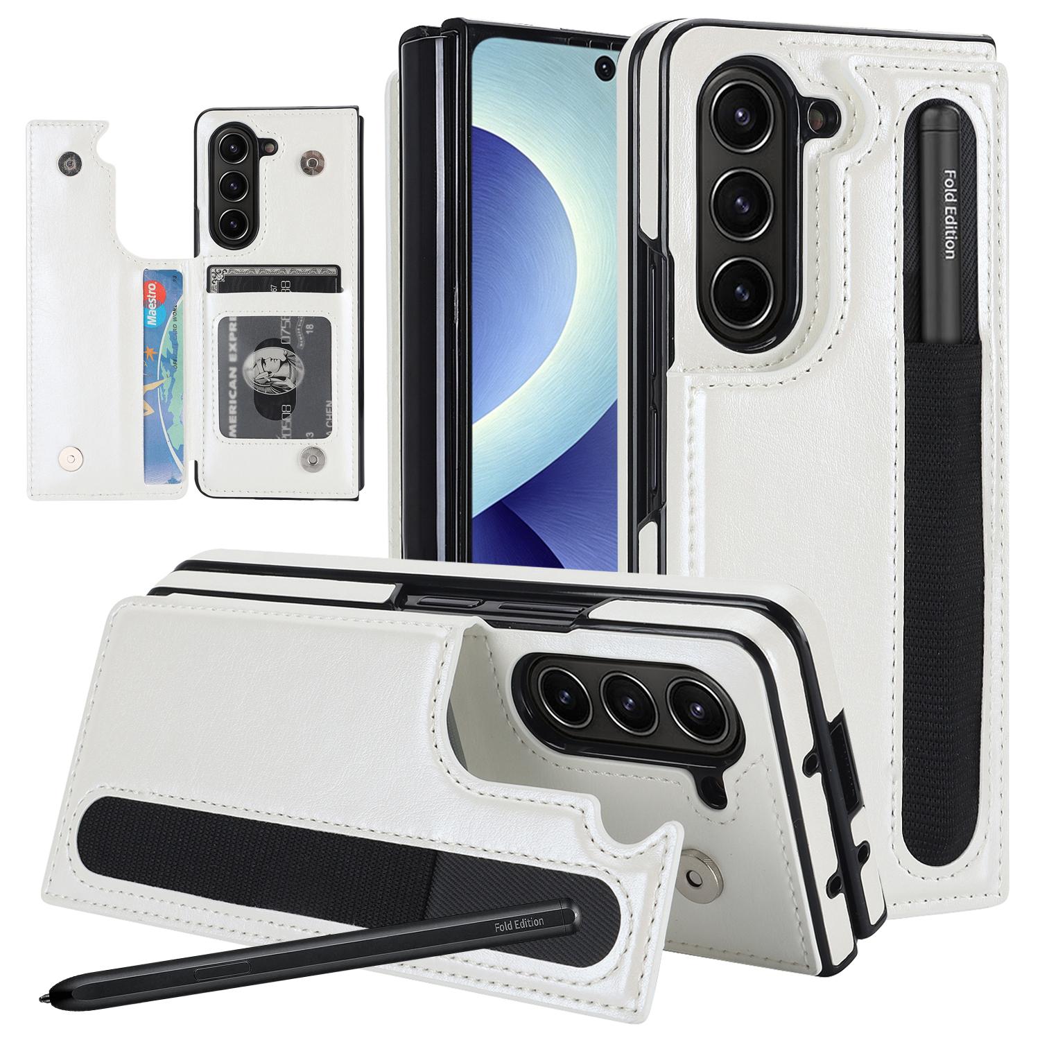 For Galaxy Z Fold8 Ultra 5G Full Coverage Fold Double Buckle PU Phone Case with Pen Slots(White) - Shopkiz.com