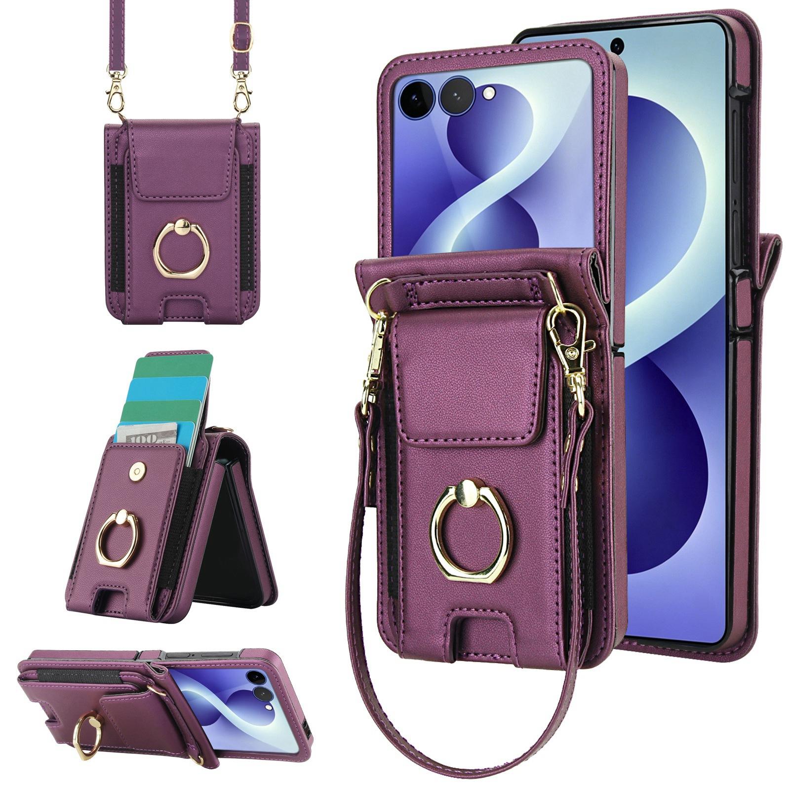 For Galaxy Z Flip8 5G Ring Holder Wallet Card Slot Leather Phone Case(Deep Purple) - Shopkiz.com