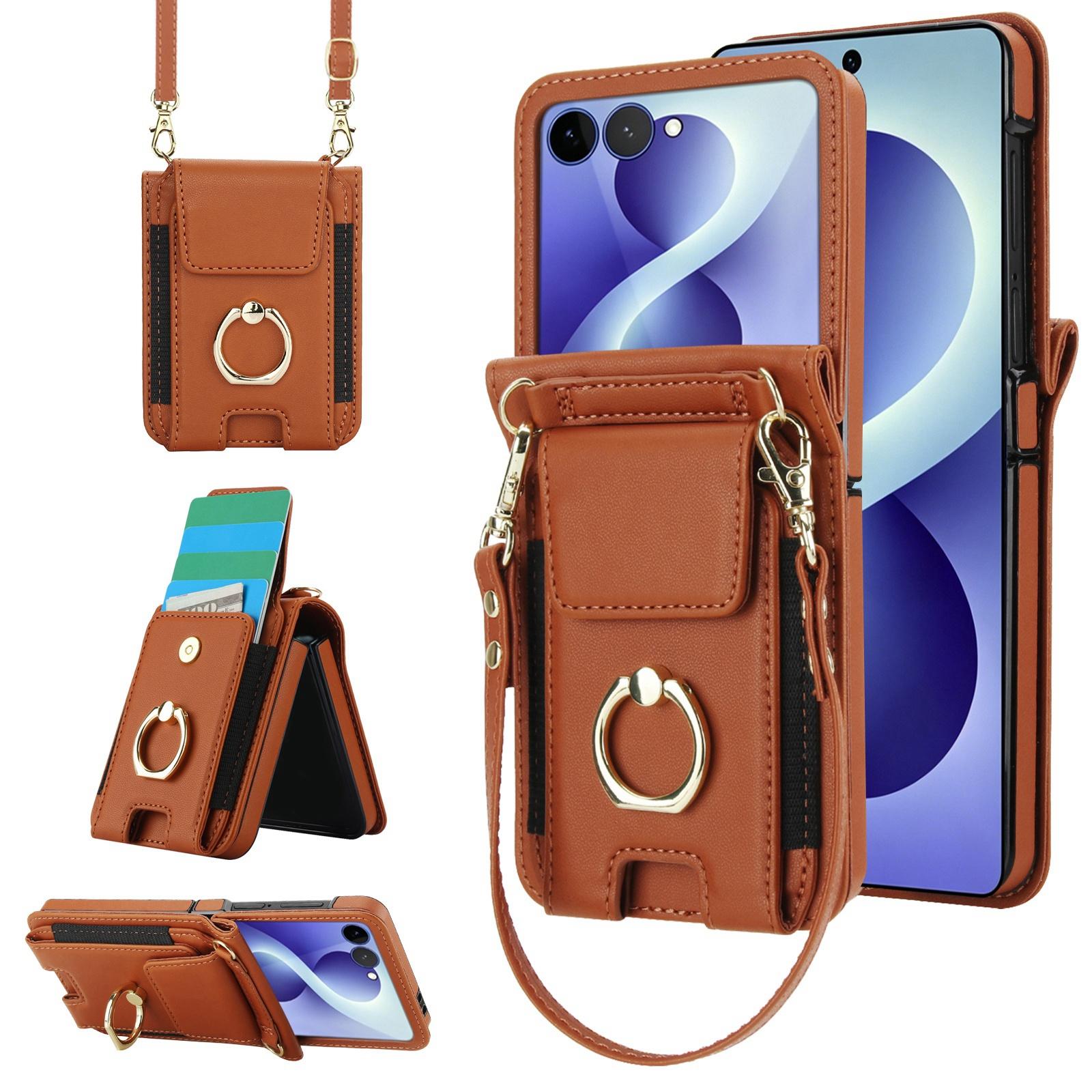 For Galaxy Z Flip8 5G Ring Holder Wallet Card Slot Leather Phone Case(Brown) - Shopkiz.com