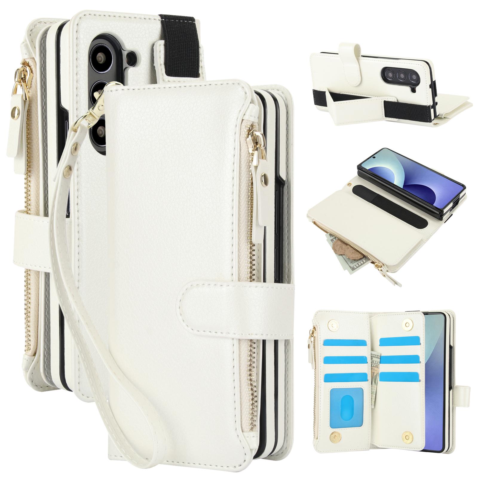 For Galaxy Z Fold8 Ultra Solid Color Wristband Wallet Folding Leather Phone Case with Lanyard(White) - Shopkiz.com
