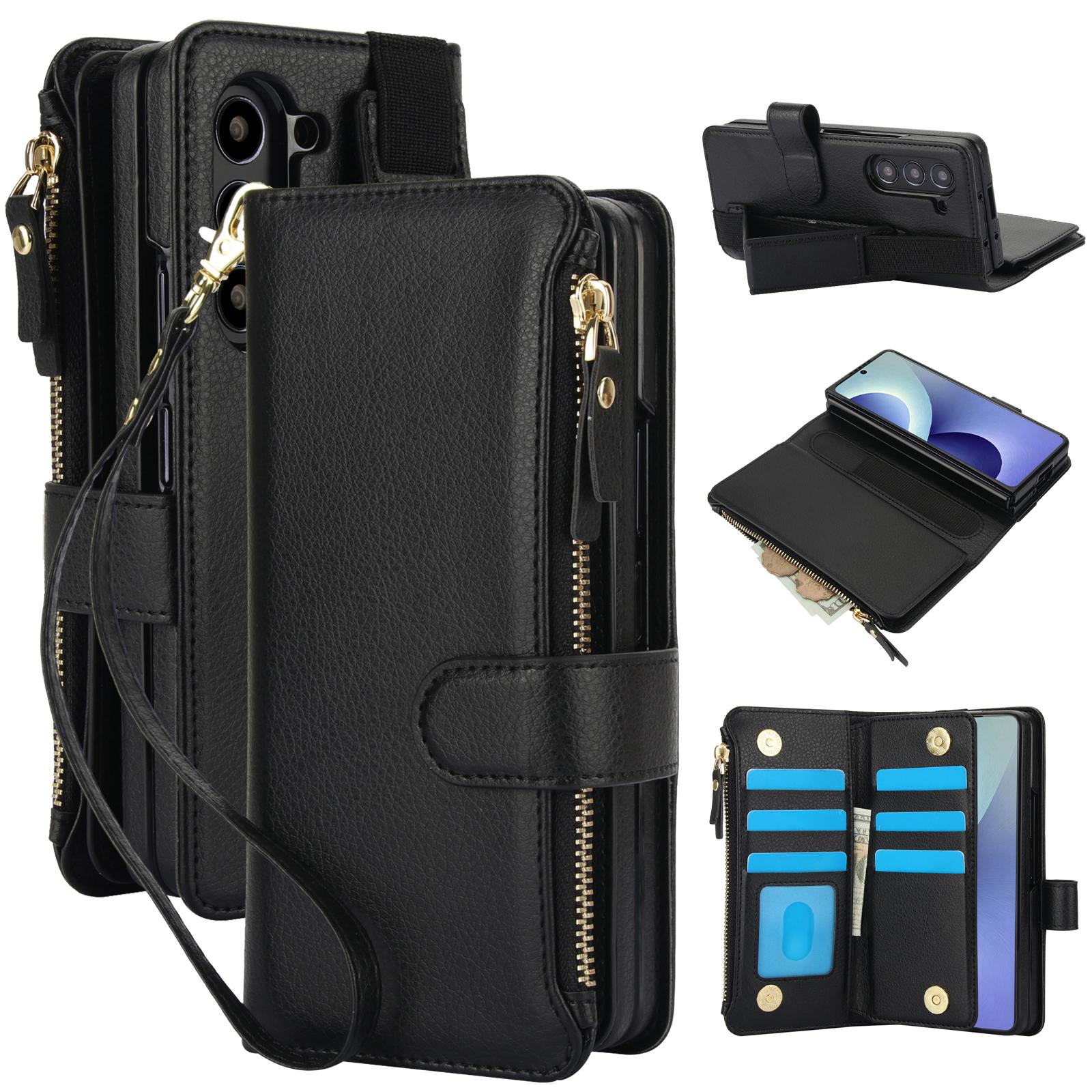 For Galaxy Z Fold8 Ultra Solid Color Wristband Wallet Folding Leather Phone Case with Lanyard(Black) - Shopkiz.com