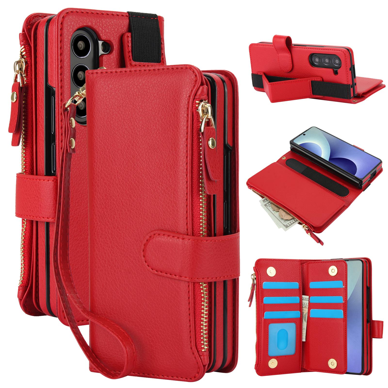 For Galaxy Z Fold8 Ultra Solid Color Wristband Wallet Folding Leather Phone Case with Lanyard(Red) - Shopkiz.com