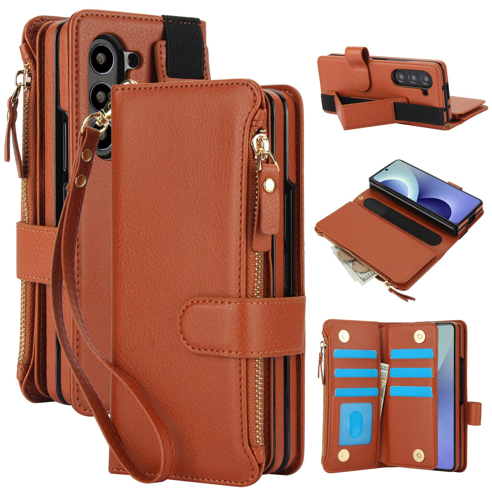 For Galaxy Z Fold8 Ultra Solid Color Wristband Wallet Folding Leather Phone Case with Lanyard(Brown) - Shopkiz.com
