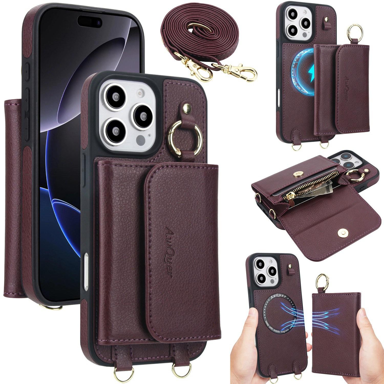 For iPhone 16 Pro Max AwQuer 2 in 1 Crossbody Wallet Leather Back Phone Case(Wine Red) - Shopkiz.com